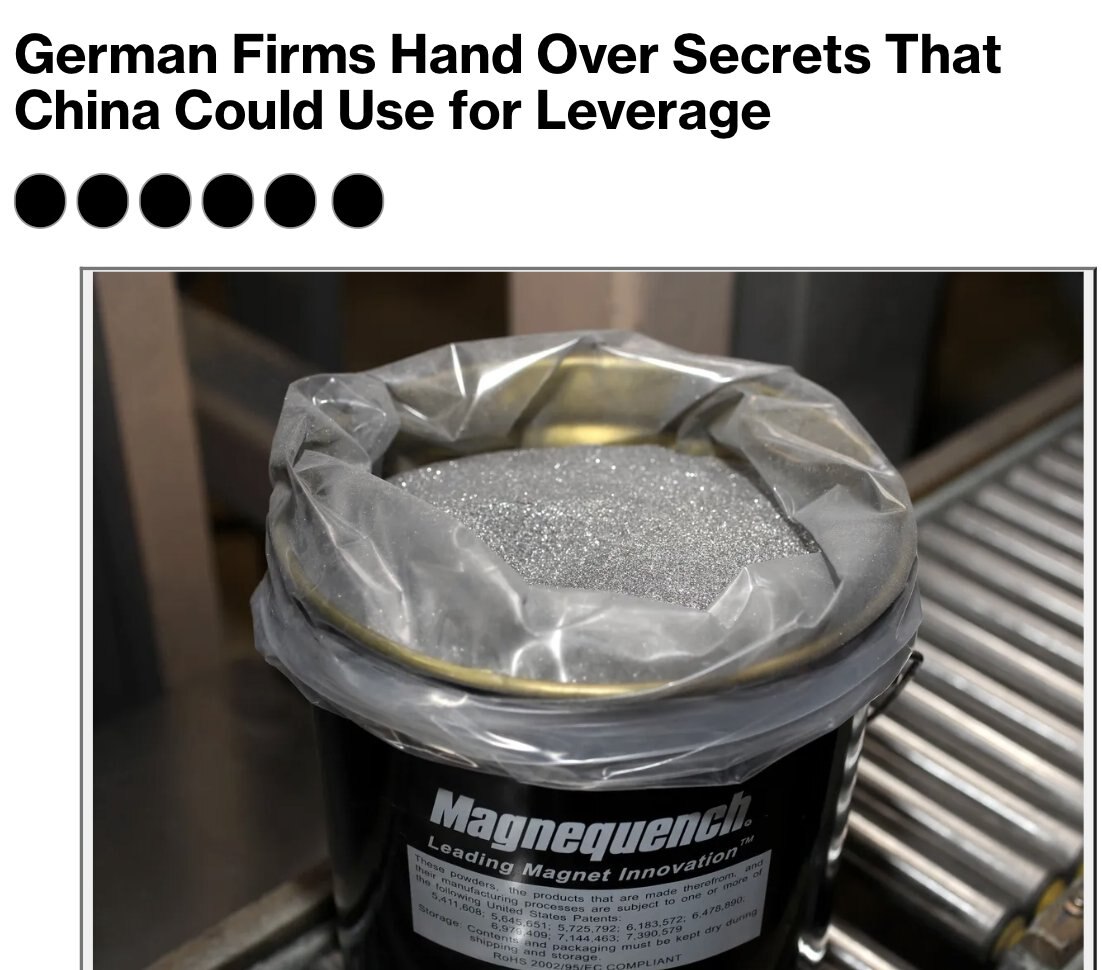 【美国之声--强迫德国企业以数据换稀土】2025年10月25日彭博：

中共国正强迫德国企业交出敏感的工业数据——包括蓝图和供应链细节——以获得中共批准稀土出口。

#强迫德国企业以数据换稀土 #美国...