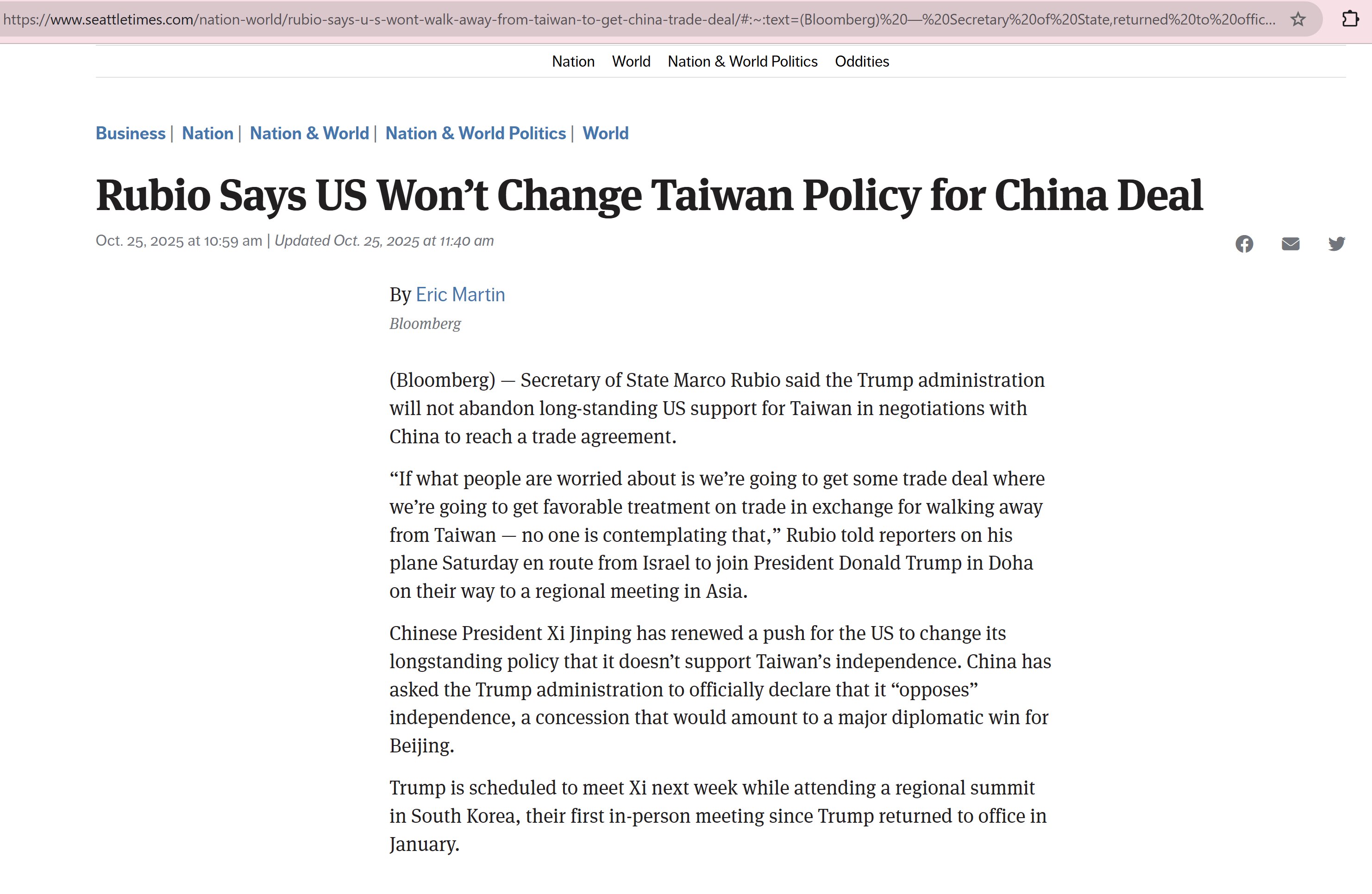 【美国之声--不会以台湾换贸易协议】2025年10月25日彭博：

国务卿卢比奥（Marco Rubio）表示，不会以台湾换与中共国的贸易协议，“如果有人担心我们为了在贸易上获得优惠而放弃台湾——没人...