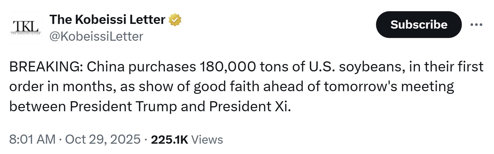 【美国之声--中共国购买18万吨美国大豆】2025年10月29日X账号@KobeissiLetter
：

中共国购买了18万吨美国大豆，这是几个月以来的首笔订单。

#中共购买美豆 #美国之声 #美...