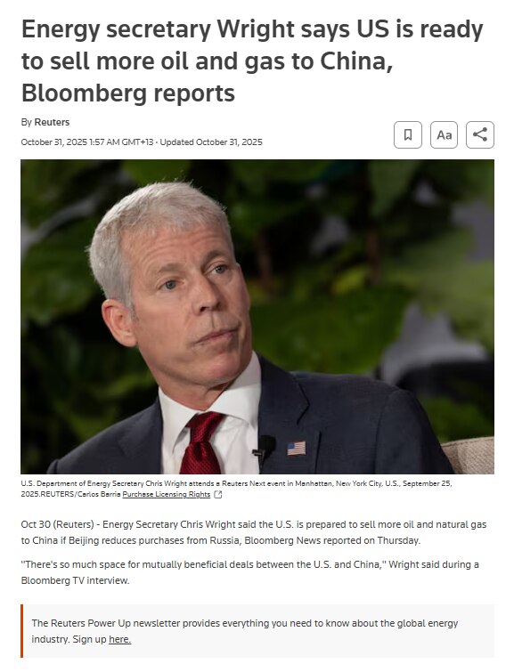 美国能源部长克里斯·赖特表示，如果中共国减少从俄罗斯的石油和天然气采购，美国准备向中共国出售更多石油和天然气。
