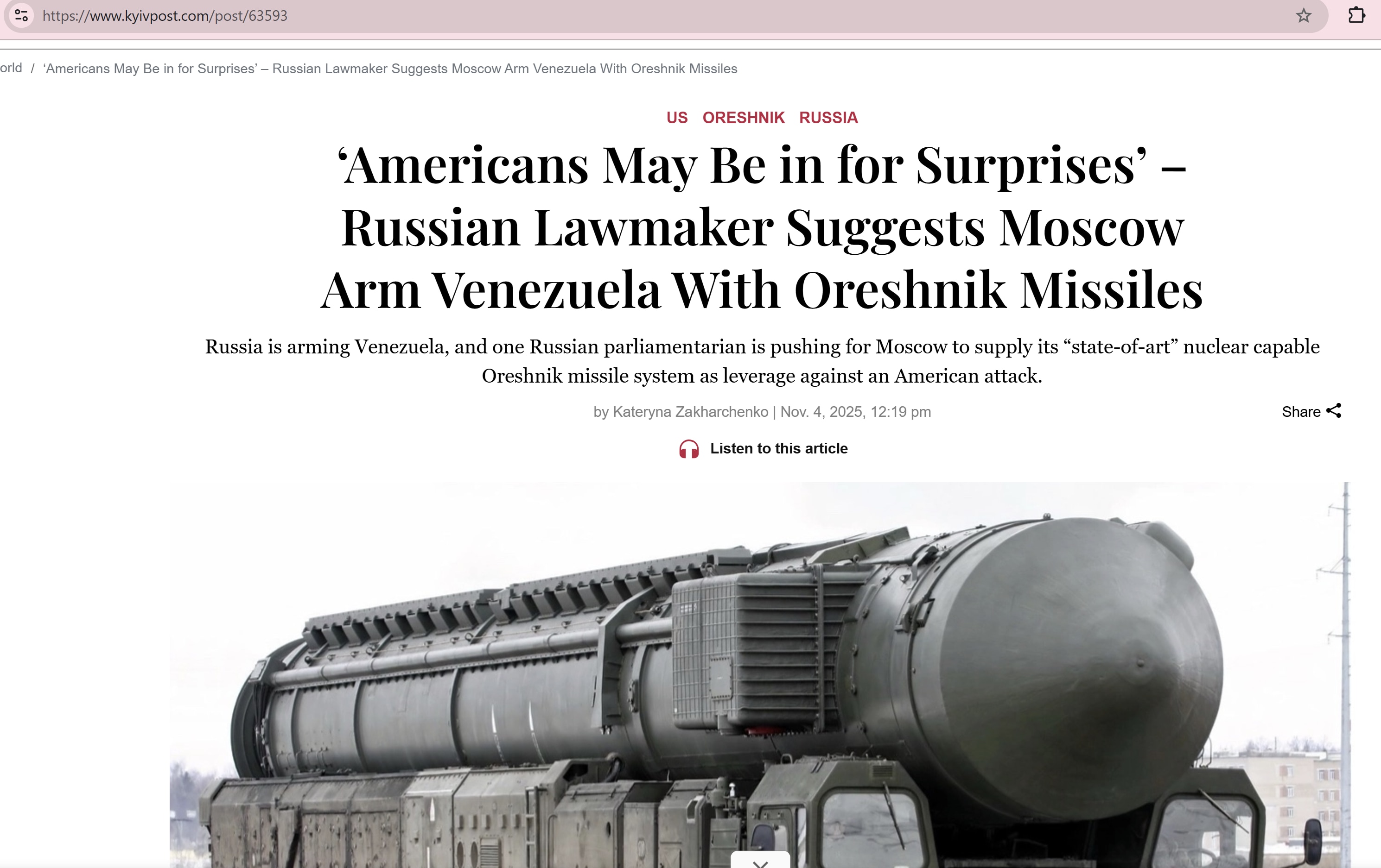 【美国之声--美国可能面临“惊喜”】2025年11月4日基辅邮报：

俄国家杜马国防委员会第一副主席朱拉夫廖夫（Alexei Zhuravlyov）暗示，俄已在向委内瑞拉交付新型Oreshnik导弹系...
