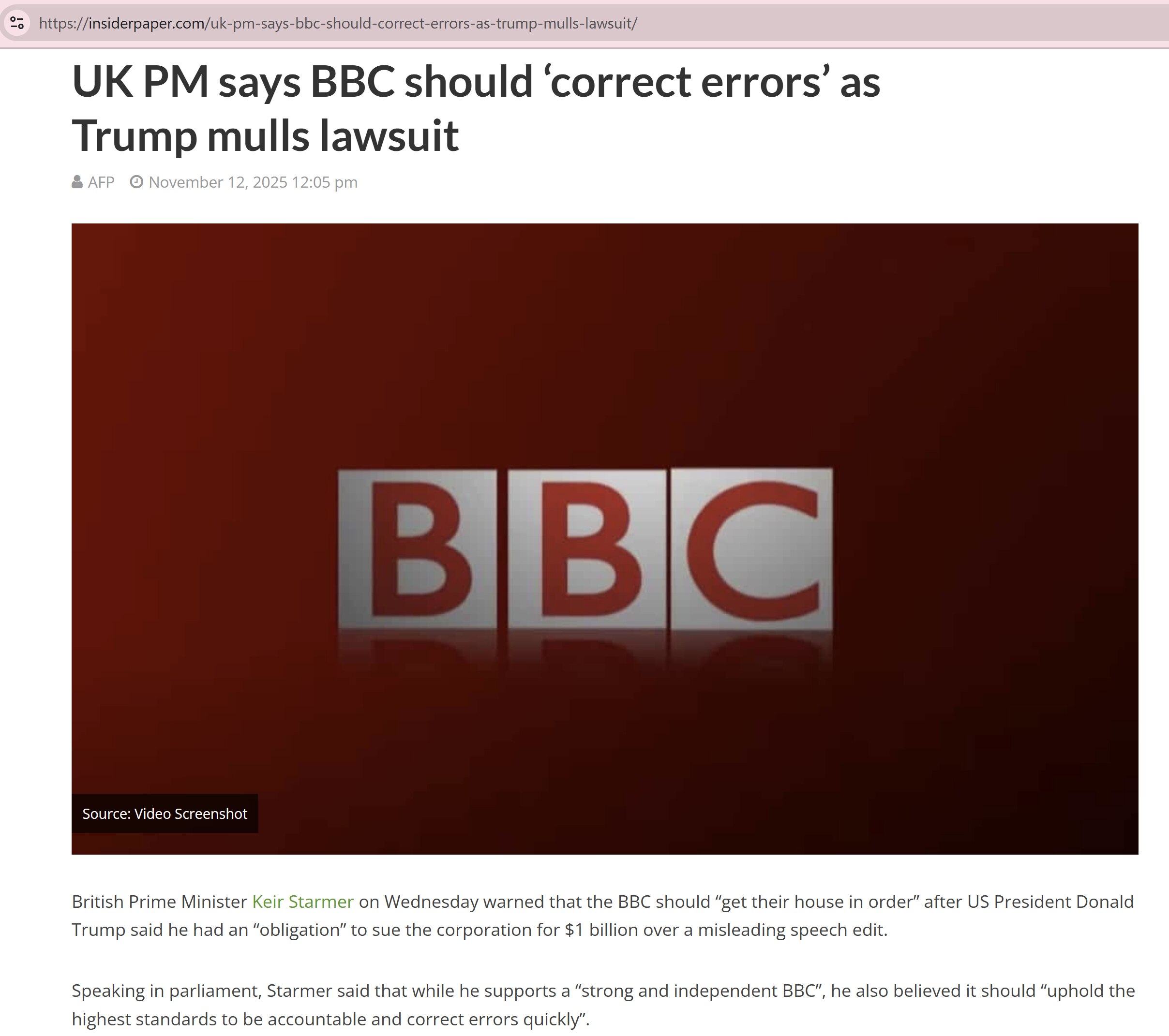 【美国之声--BBC需整顿自身】2025年11月12日Insider Paper：

周三英首相斯塔默（Keir Starmer）在被要求敦促川普总统放弃对BBC的法律威胁问题时回应道：他支持强大且独...