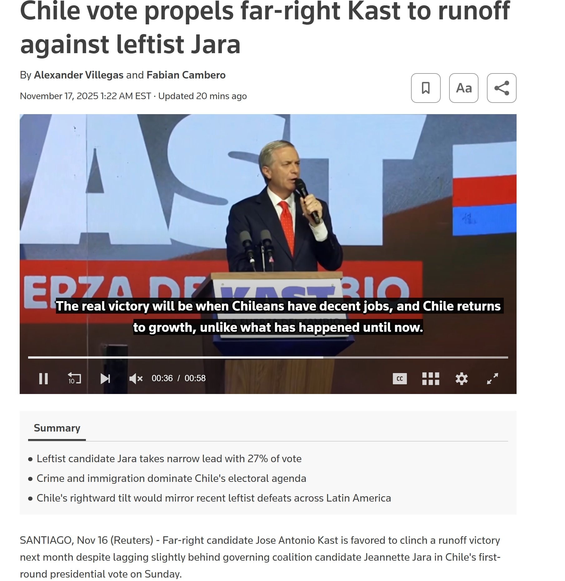 【美国之声--智利向右转】2025年11月17日《路透》：

尽管在周日举行的智利总统首轮投票中略微落后于执政联盟候选人哈拉（Jeannette Jara），但极右翼候选人卡斯特（Jose Anton...