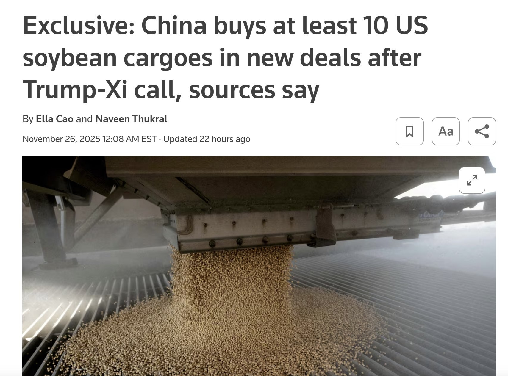 【美国之声--中共国购买美豆】2025年11月26日《路透》：

消息人士称，川习通话后，中共国至少购买了10批美豆。 假设一批50,000吨，中共国这次至少购买了500,000吨。 

注：此前11...