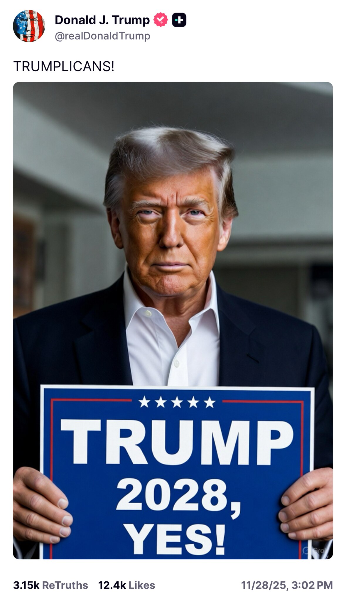 【美国之声】美东时间2025年11月28日下午3:02，川普总统发布于其Social Truth 账户：

川普党！

并配图片：川普2028，对！

#川普党 #2028川普 #美国之声 