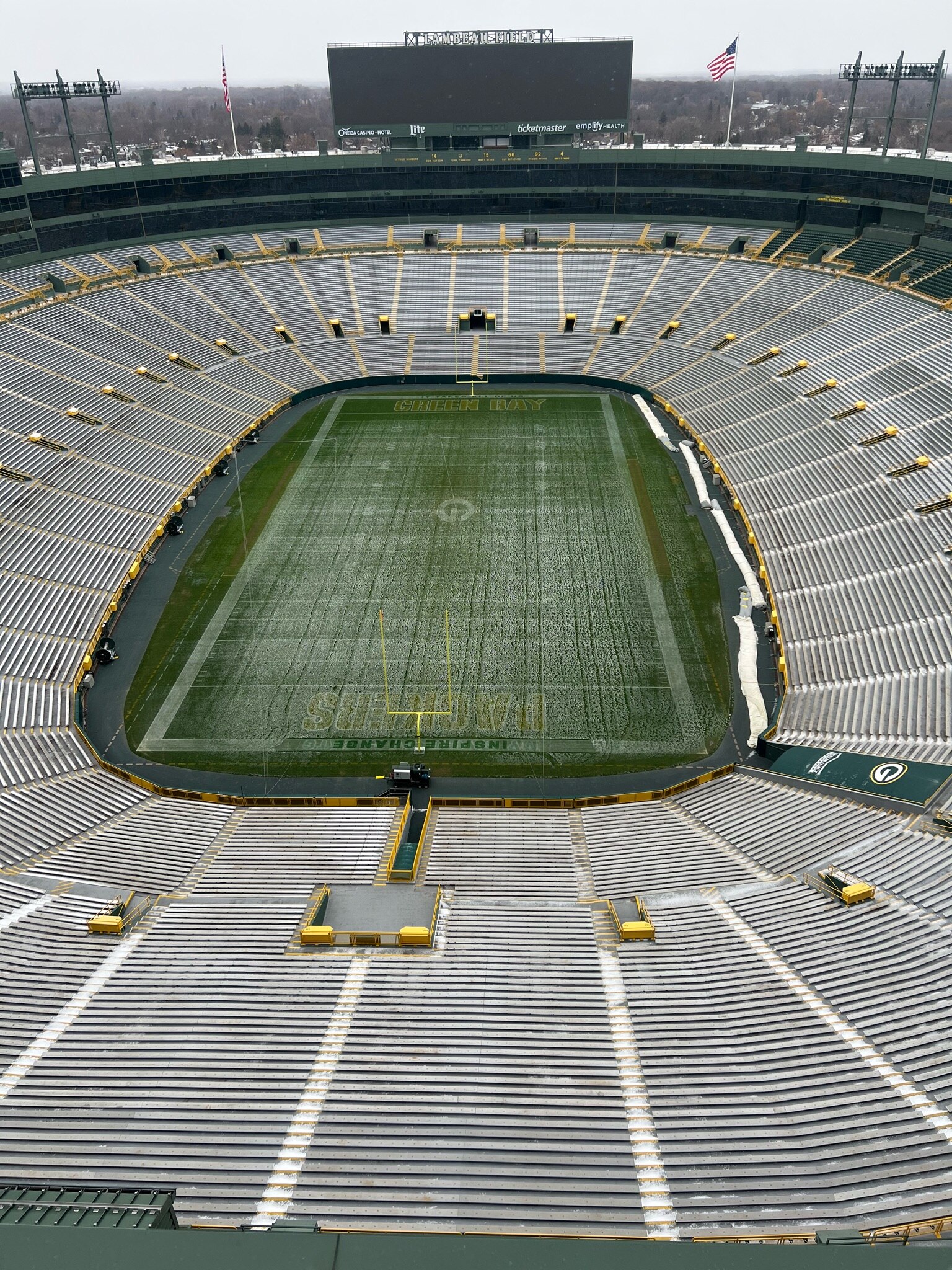 Lambeau Field, quietly waiting for our next opponent. Snow is on its way. Notice the tarps on the ri...