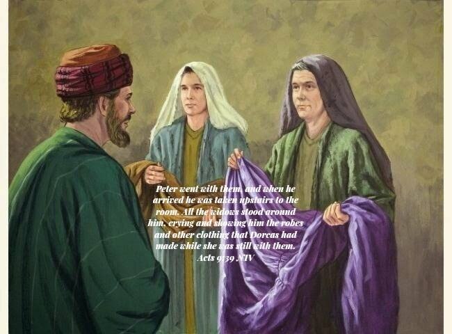 Peter went with them, and when he arrived he was taken upstairs to the room. All the widows stood ar...