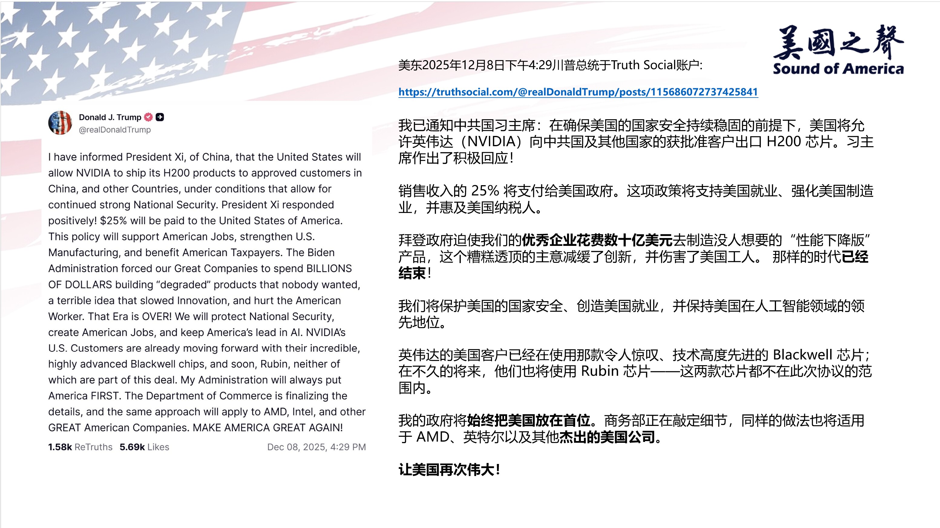 【美国之声——卖给中共国英伟达的 H200 芯片】2025 年 12 月 8 日川普总统：

美国将允许英伟达（NVIDIA）向中共国及其他国家的获批准客户出口 H200 芯片，销售收入的 25% 将...