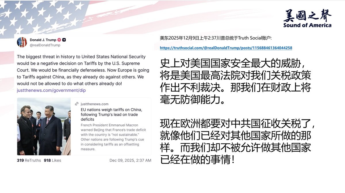 【美国之声--史上对美国国家安全最大的威胁】2025年12月9日川普总统：

史上对美国国家安全最大的威胁，将是美国最高法院对我们关税政策作出不利裁决。那我们在财政上将毫无防御能力。

现在欧洲都要对...