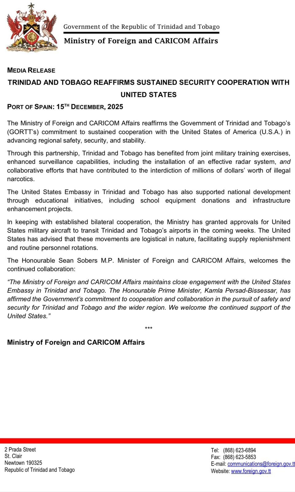 【美国之声--特立尼达和多巴哥允许美国军用飞机过境】2025年12月15日，特立尼达和多巴哥外交与加勒比共同体事务部发表声明，重申与美国持续开展合作，并表示政府已批准美国军用飞机在未来数周内过境并使用...