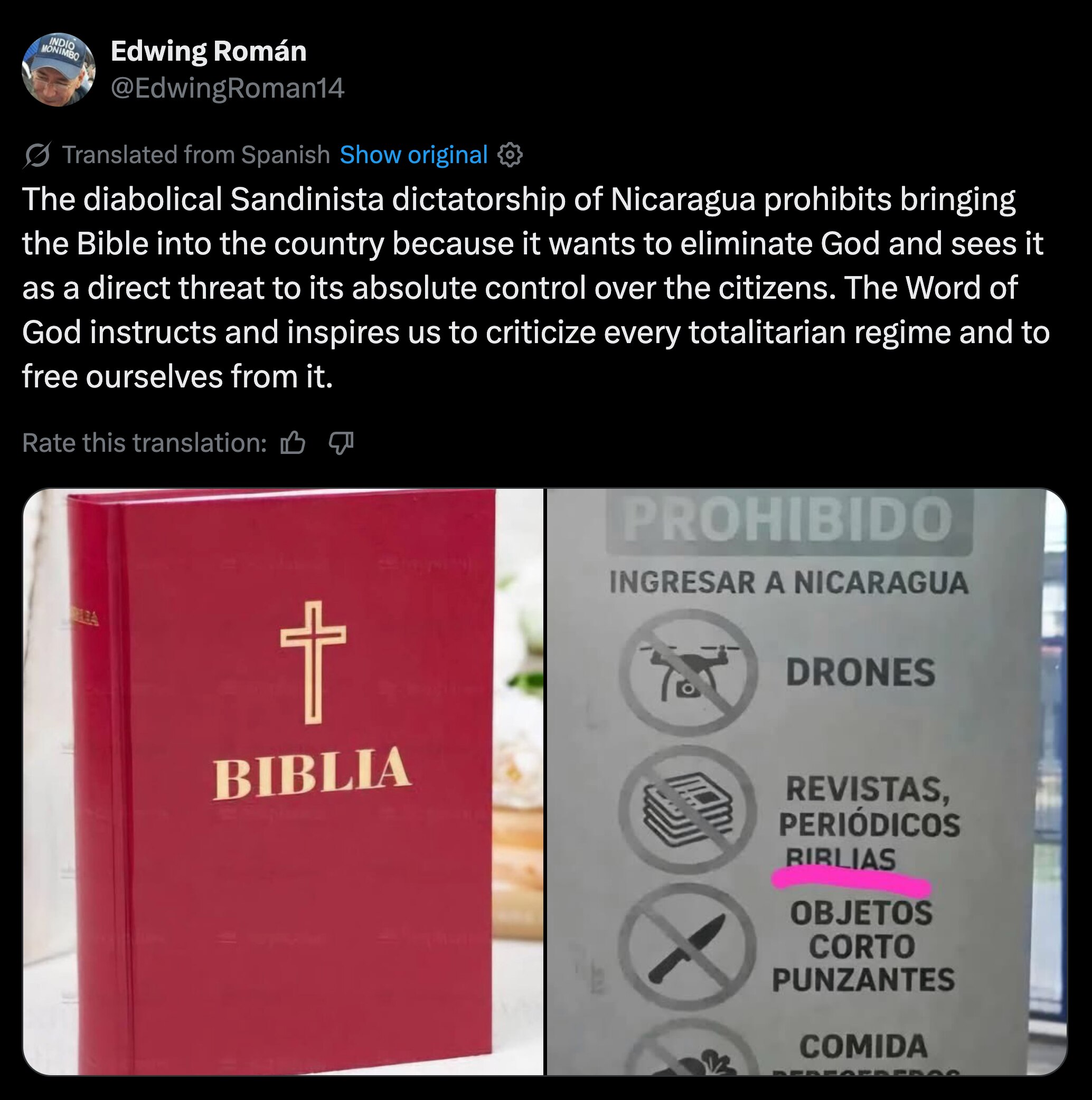 Nicaragua’s communist regime under Daniel Ortega has begun banning travelers from bringing Bibles an...