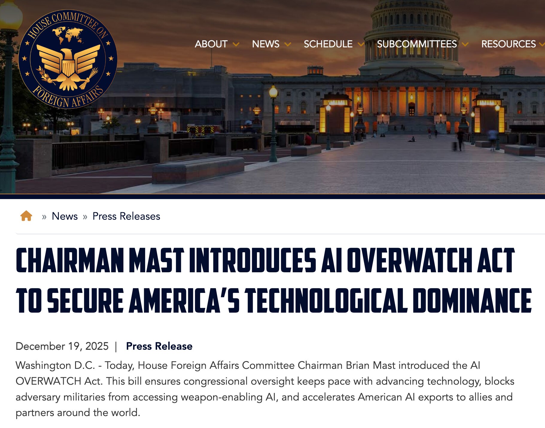 House Foreign Affairs Chairman Rep. Brian Mast introduced the AI OVERWATCH Act to safeguard U.S. AI ...