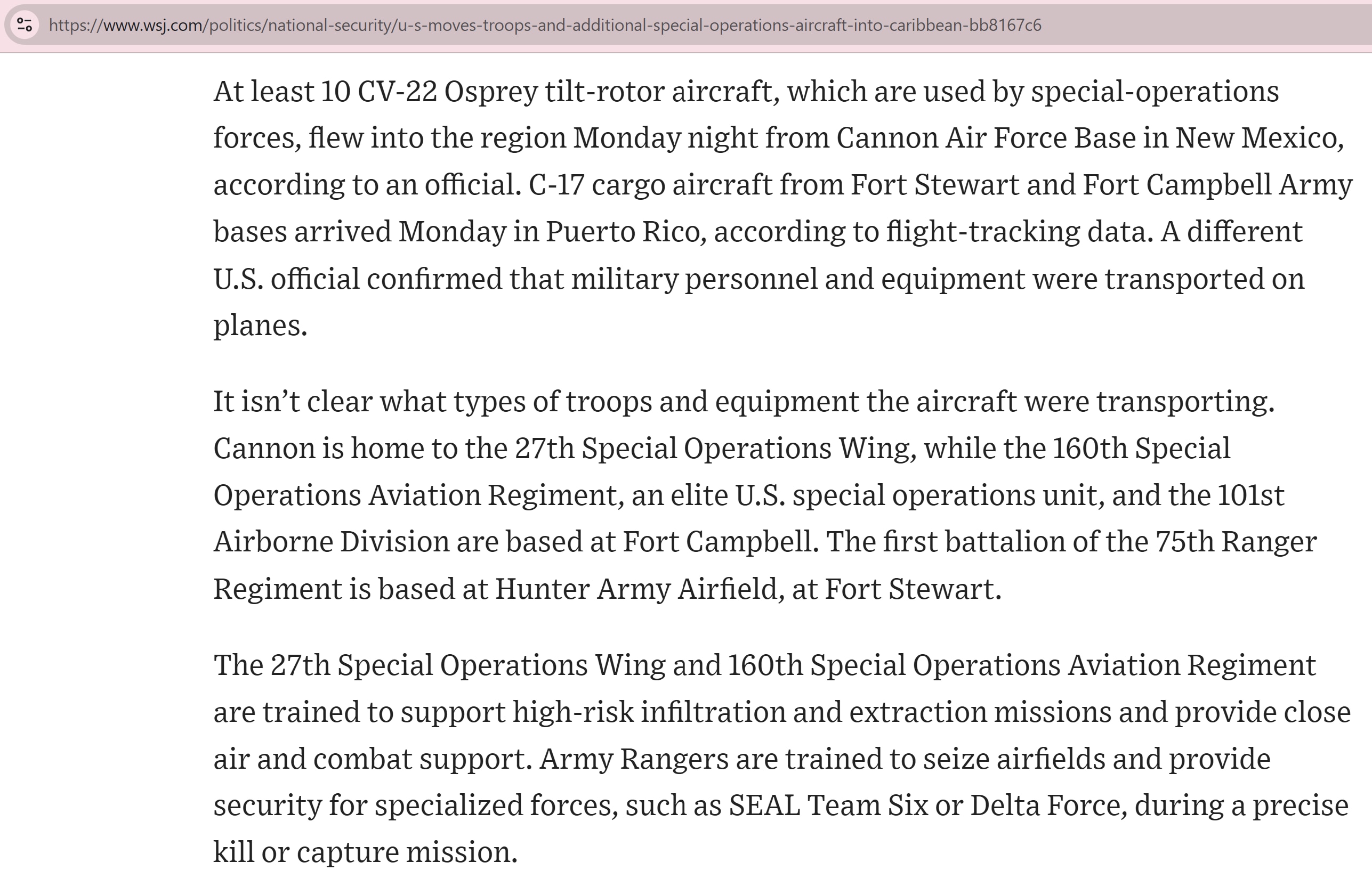 【美国之声--美军特别行动资产部署到委内瑞拉临近地区】2025年12月23日《华尔街日报》：

1. 12月22日晚间至少10架由特种作战部队使用的CV-22鱼鹰倾转旋翼机，从新墨西哥州坎农空军基地（...