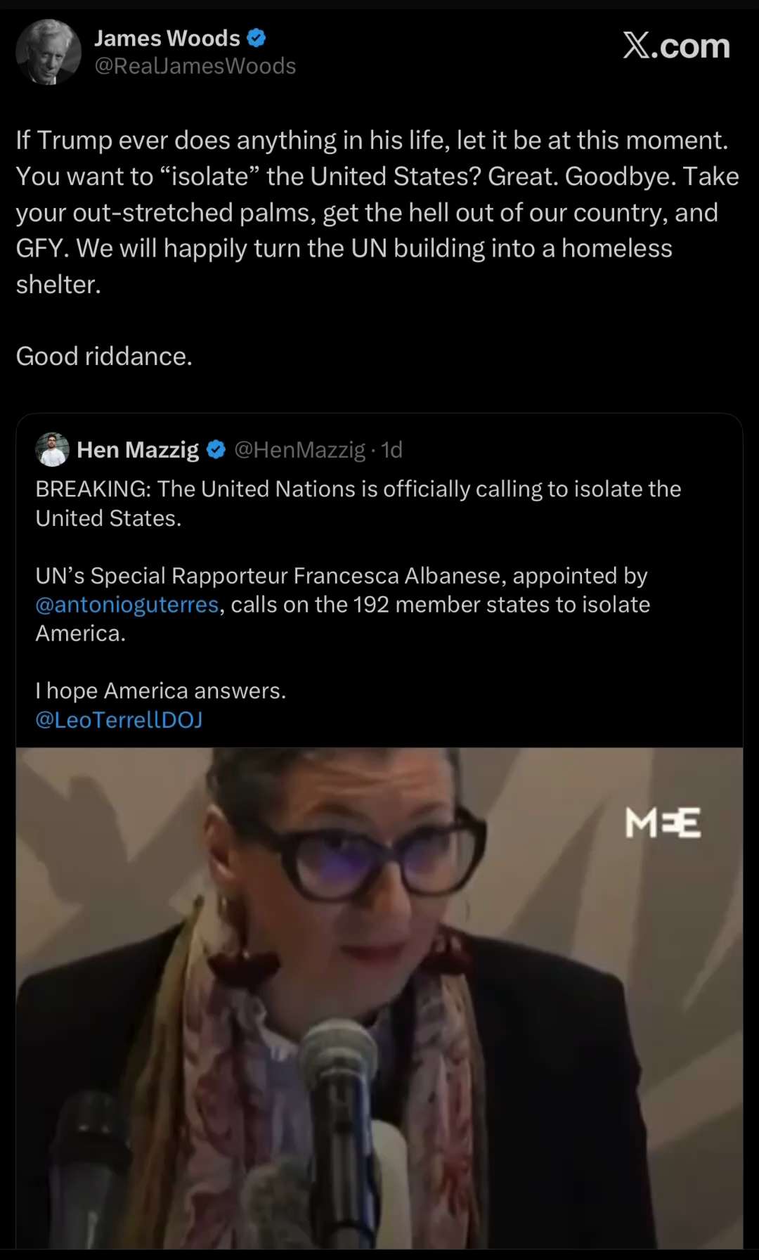 Let’s Roll — Punch Out of the UN and Stop Underwriting This Anti-American Hate 

https://x.com/realj...