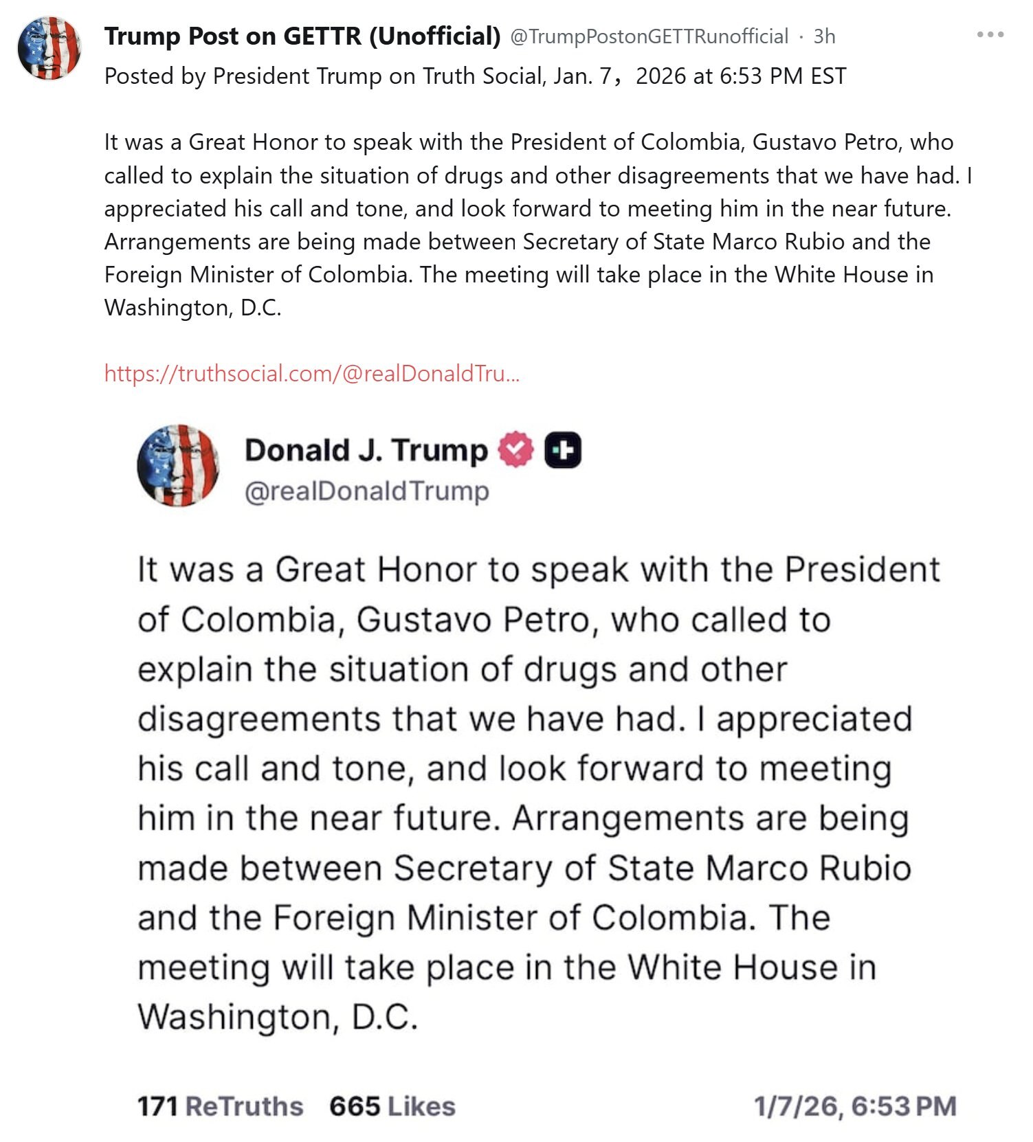 【美国之声——佩特罗主动致电川普，解释毒品及其他问题】2026年1月7日川普总统：

“与哥伦比亚总统佩特罗（Gustavo Petro）通话，令我深感荣幸。他来电解释了我们在毒品问题及其他分歧上的情...