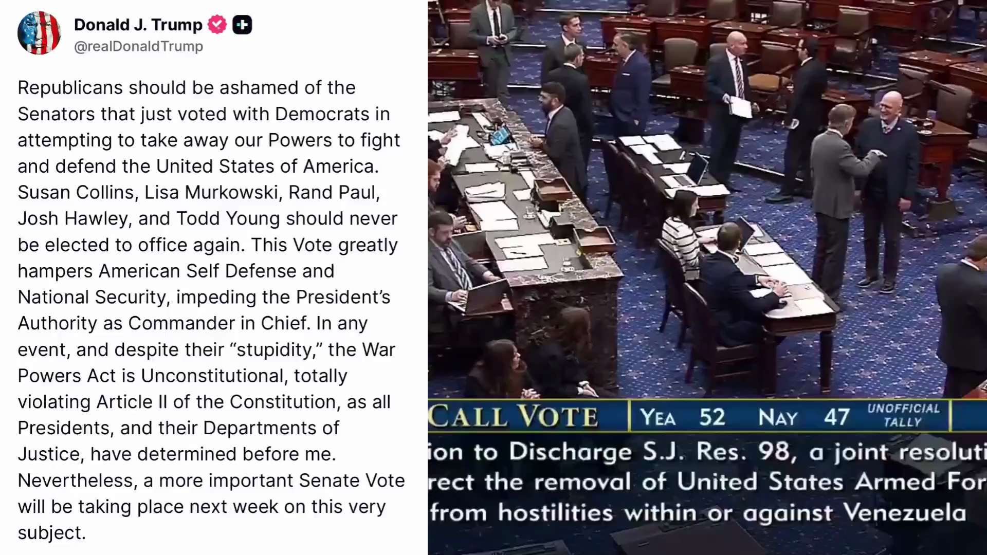 🚨最新消息：🇺🇸川普总统公开怒斥投票支持《#战争权力决议》、试图限制其对 #委内瑞拉军事行动 的参议员，直言——
👉 “他们永远不该再被选上公职。”

🔥万斯表态力挺川普：
“《战争权力法》...