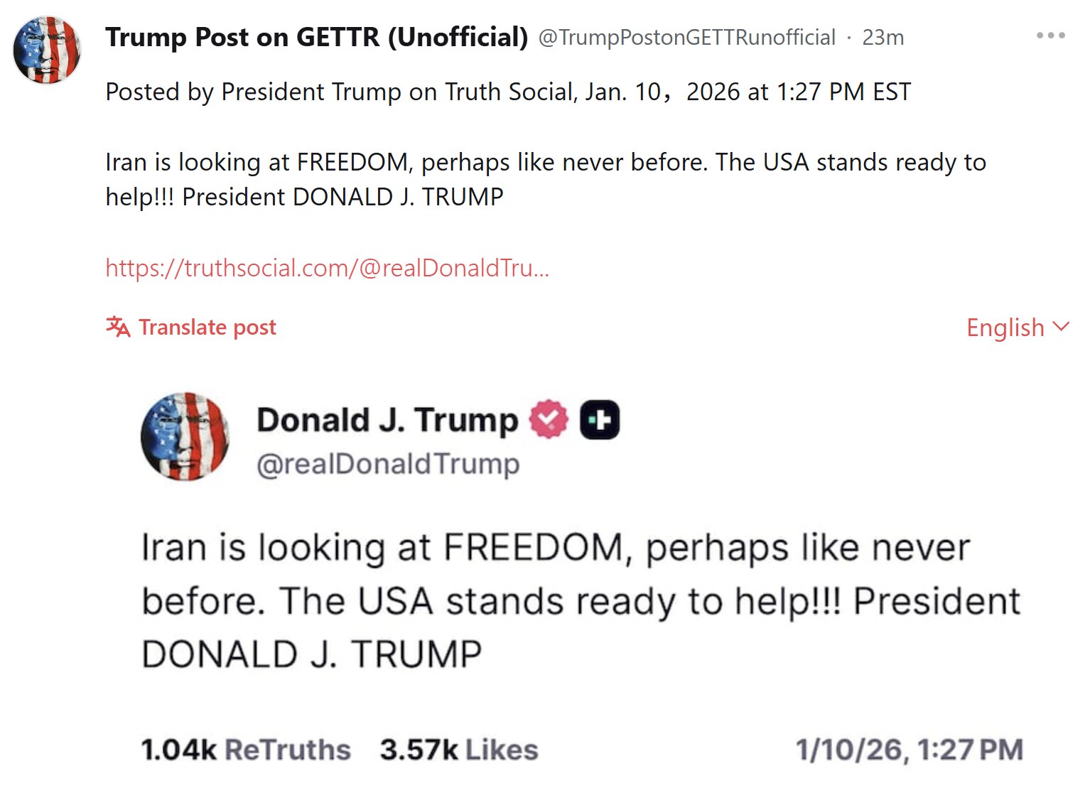 【美国之声——美国已准备好协助伊朗人民】美东 2026 年 1 月 10 日川普总统：

伊朗人民争取自由的抗争前所未见。
 
美国已准备好协助！！！
 
总统唐纳德·J·川普

#美国已准备好协助伊...