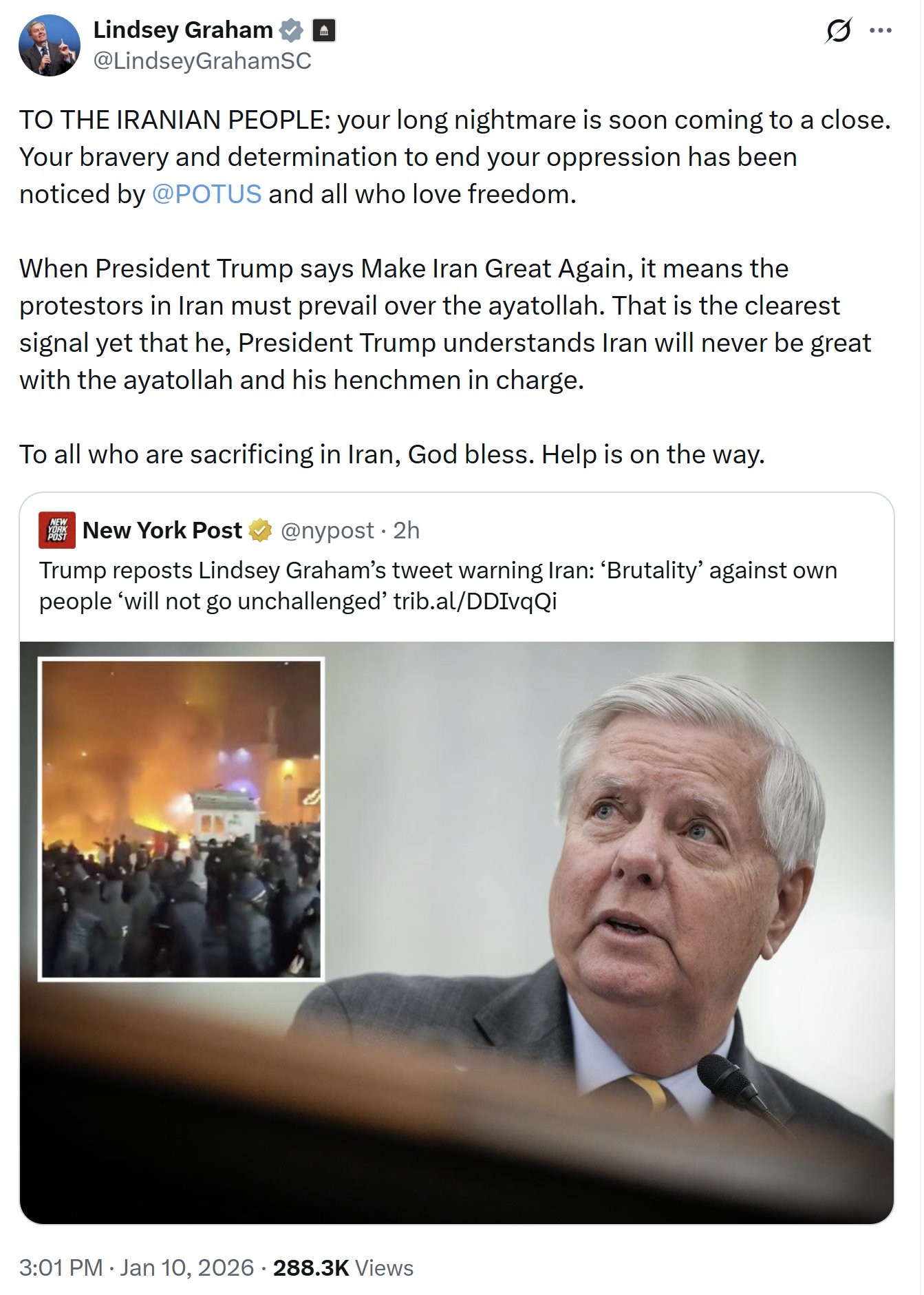 【美国之声--伊朗人民的漫长噩梦即将结束】美东 2026 年 1 月 10 日 联邦参议员格雷厄姆（Lindsey Graham）：

致伊朗人民：你们漫长的噩梦即将结束。你们为结束压迫所展现的勇气与...