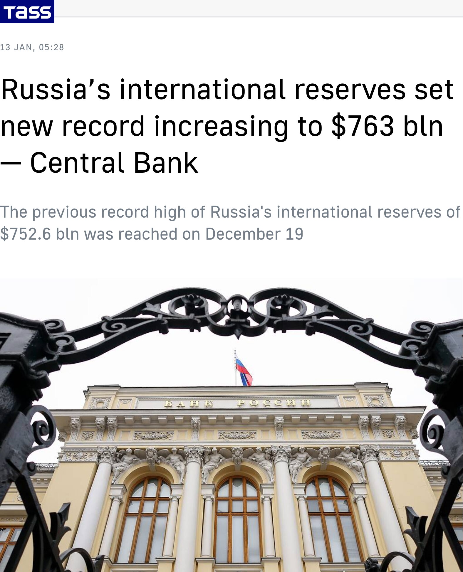 Russia’s Central Bank of Russia said international reserves rose $11.3 billion in one week to a reco...