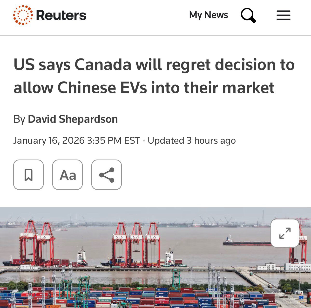 面对卡尼书记的全面媚共，美国的反应来了，交通部长达菲说加拿大会后悔这个决定，贸易代表格里尔说这些车不会到美国来。

不过美国不要掉以轻心，这次卡尼书记和中共勾兑很深，在电动车、能源、农业和金融等领域全...