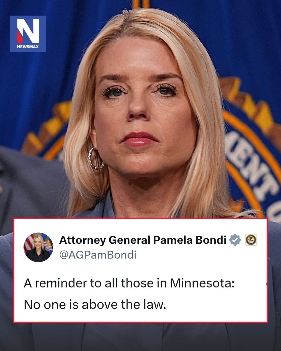 'NO ONE': AG Pam Bondi posted on social media that “no one is above the law” after the Justice Depar...