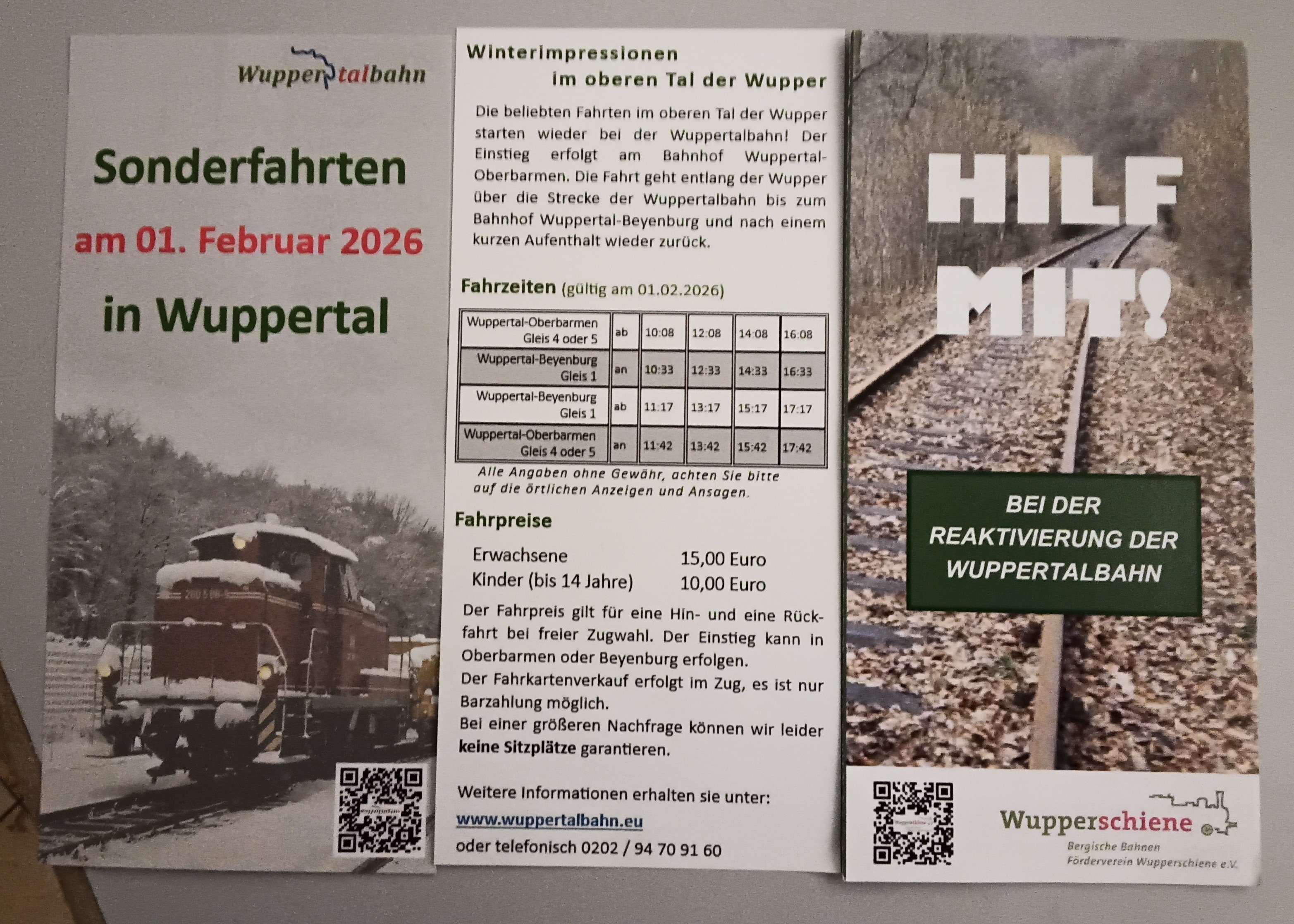 So. 1.2.26 Zugfahrten Wuppertal Oberbarmen-Beyenburg
https://www.wuppertalbahn.eu
Jede Fahrt hilft d...