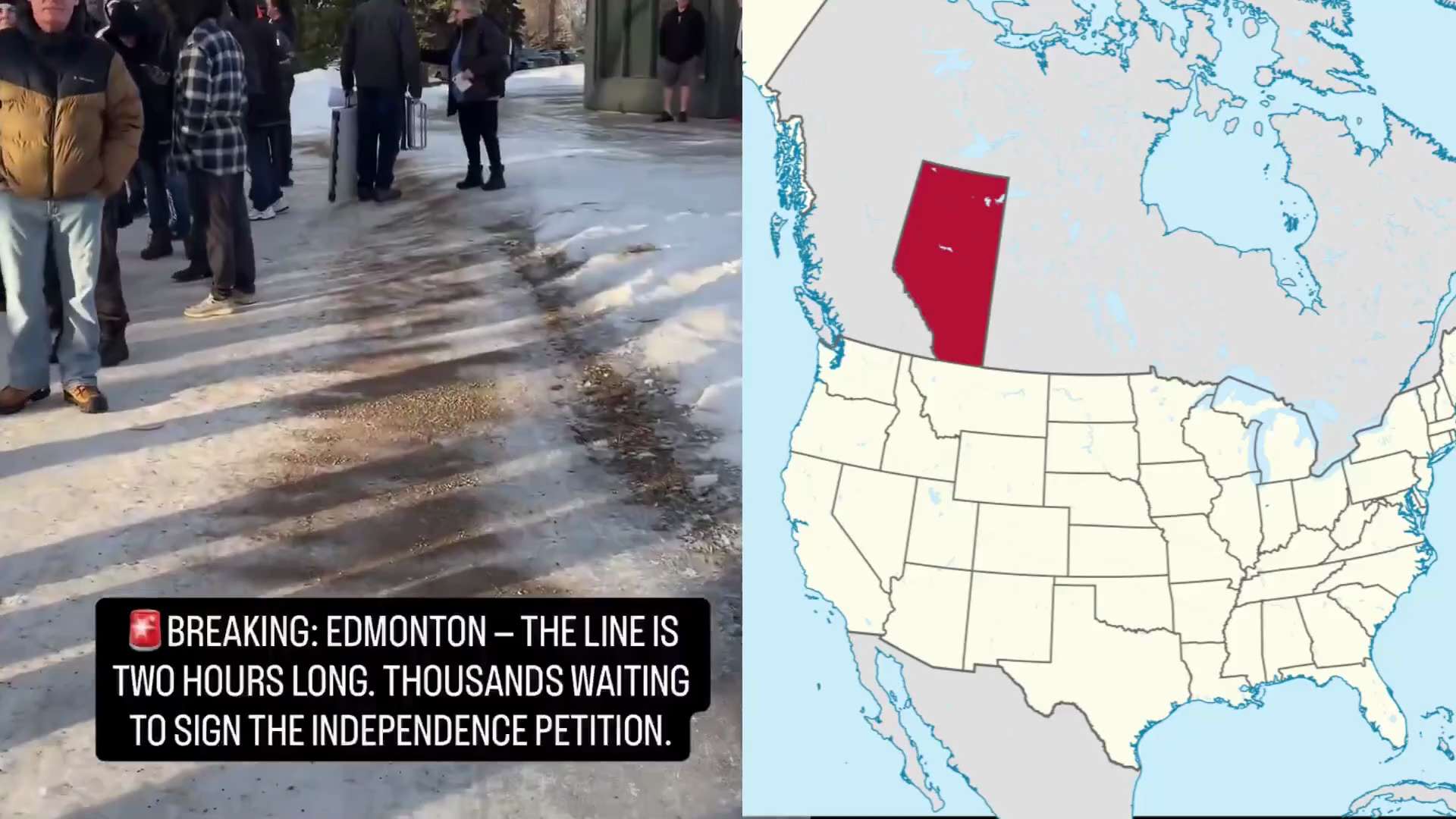 【美国之声】2026年1月17日，大量阿尔伯塔省居民排起长龙，签署一份要求脱离加拿大独立的请愿书——并且在获得独立后，可能成为美国第 51 个州。

阿尔伯塔省是加拿大最保守的省份，一场关于脱离加拿大...
