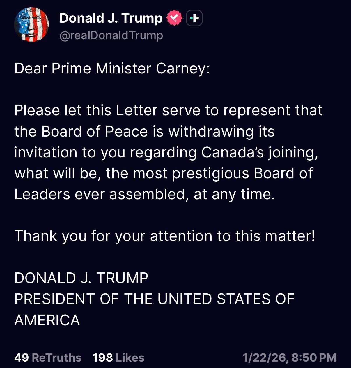 BREAKING - President Trump withdraws his “Board of Peace” invitation to Canada’s Prime Minister Carn...