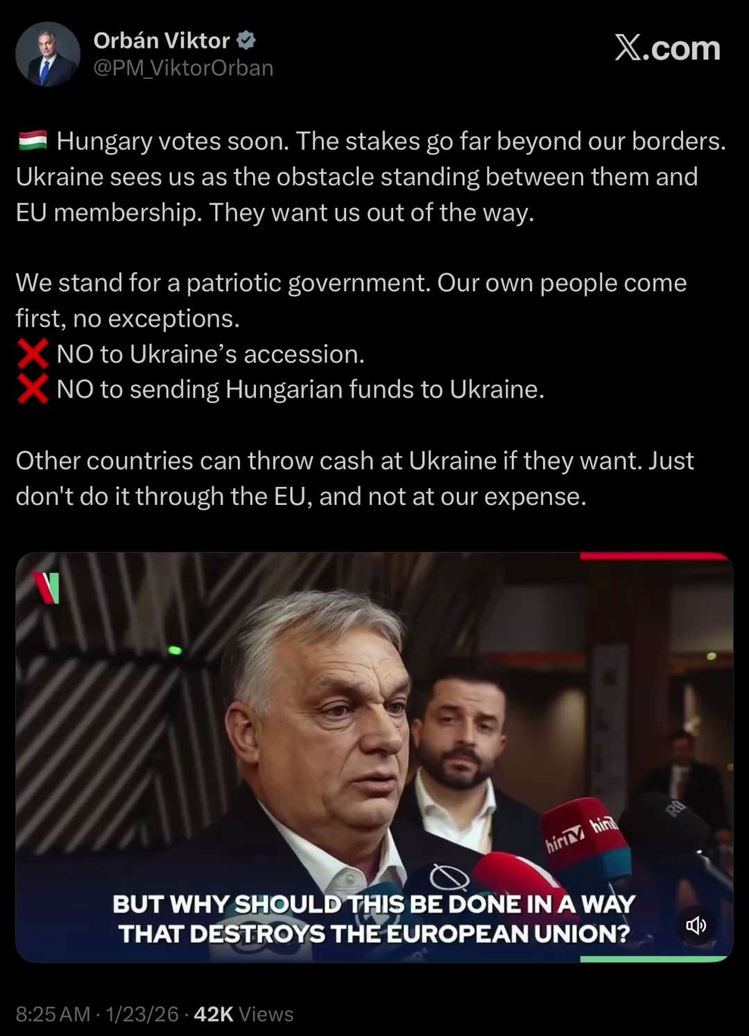 ORBÁN: We stand for a patriotic government. Our own people come first, no exceptions.
❌ NO to Ukrain...