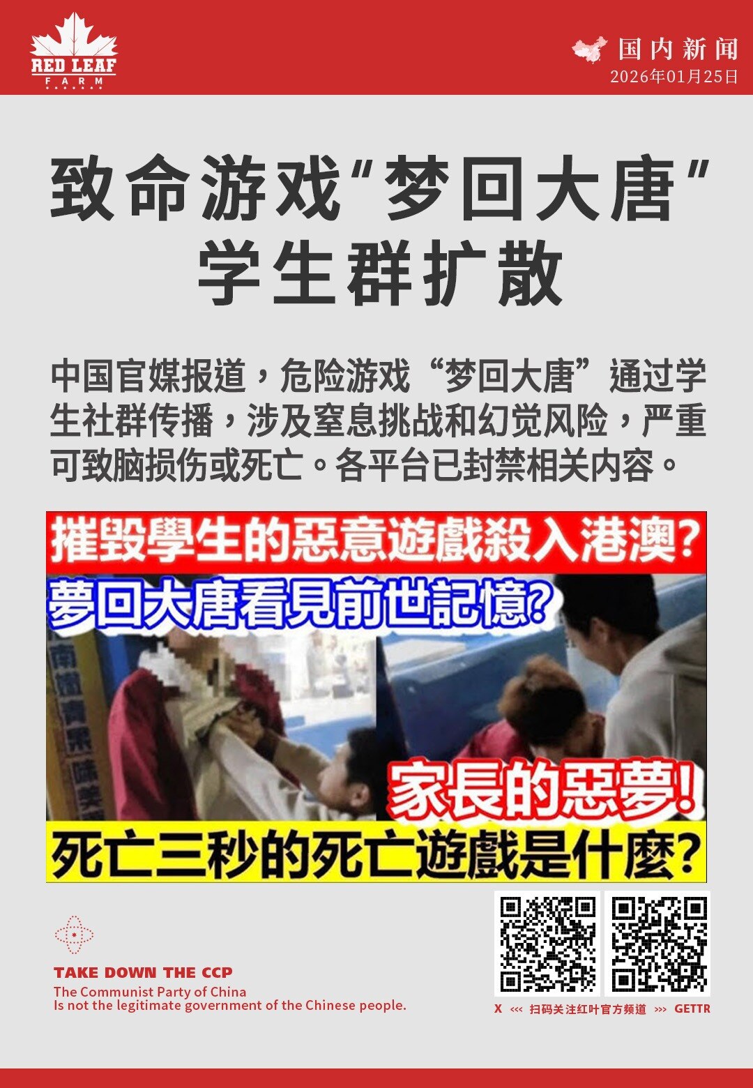 致命游戏“梦回大唐”学生群扩散

中国官媒报道，危险游戏“梦回大唐”通过学生社群传播，涉及窒息挑战和幻觉风险，严重可致脑损伤或死亡。各平台已封禁相关内容。
#梦回大唐 #危险游戏 #学生社群 #窒息挑...