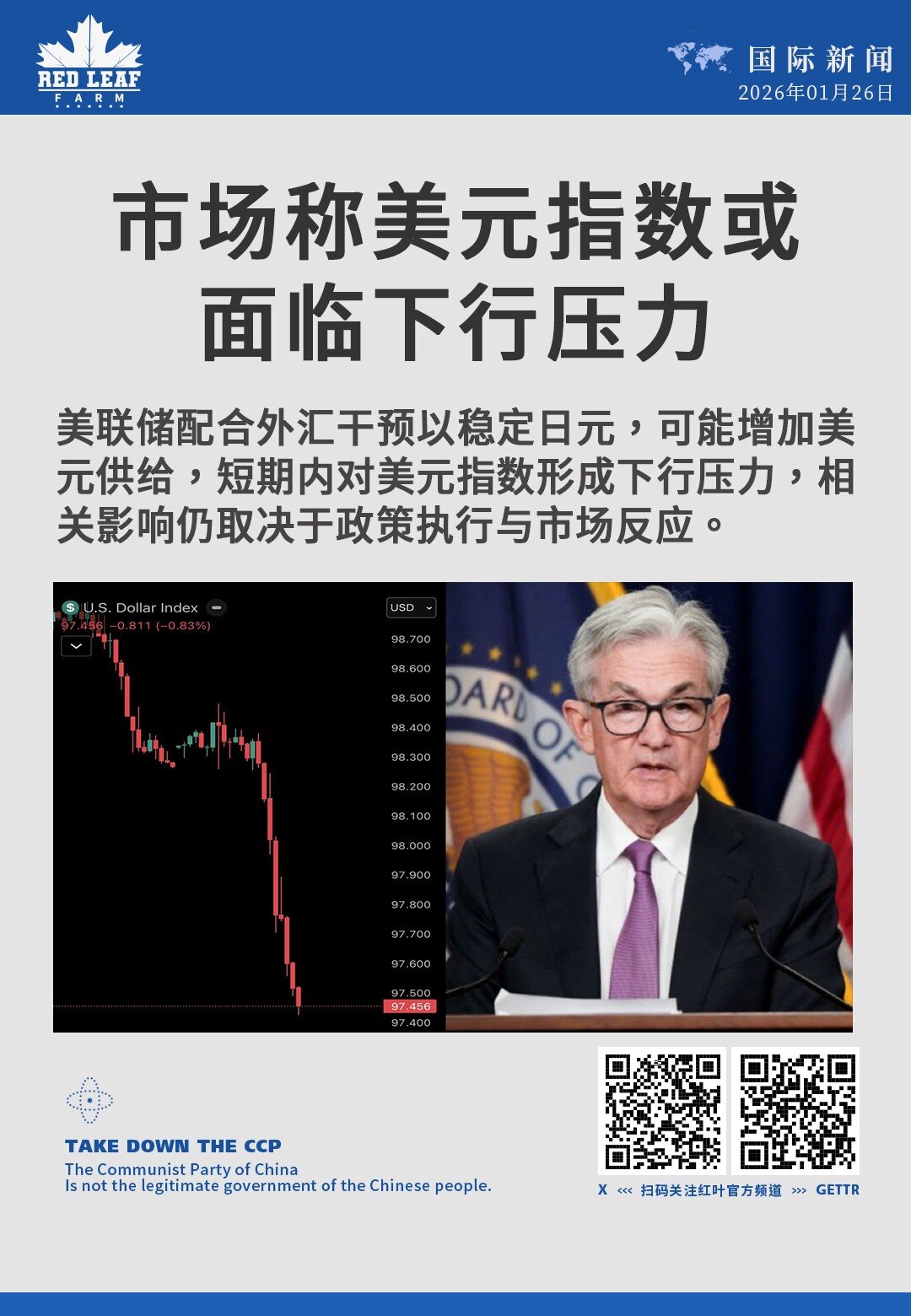 市场称美元指数或面临下行压力

美联储配合外汇干预以稳定日元，可能增加美元供给，短期内对美元指数形成下行压力，相关影响仍取决于政策执行与市场反应。
#美元指数 #日元干预 #美联储 #外汇市场 #加密...