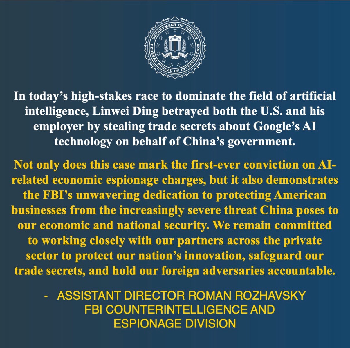 #谷歌工程师 #人工智能 #中共 #间谍
前谷歌工程师被判犯有经济间谍罪及窃取机密人工智能技术罪 
在当今高风险的竞争中，为了主导人工智能领域，Linwei Ding同时背叛了美国和他的雇主，通过代表...