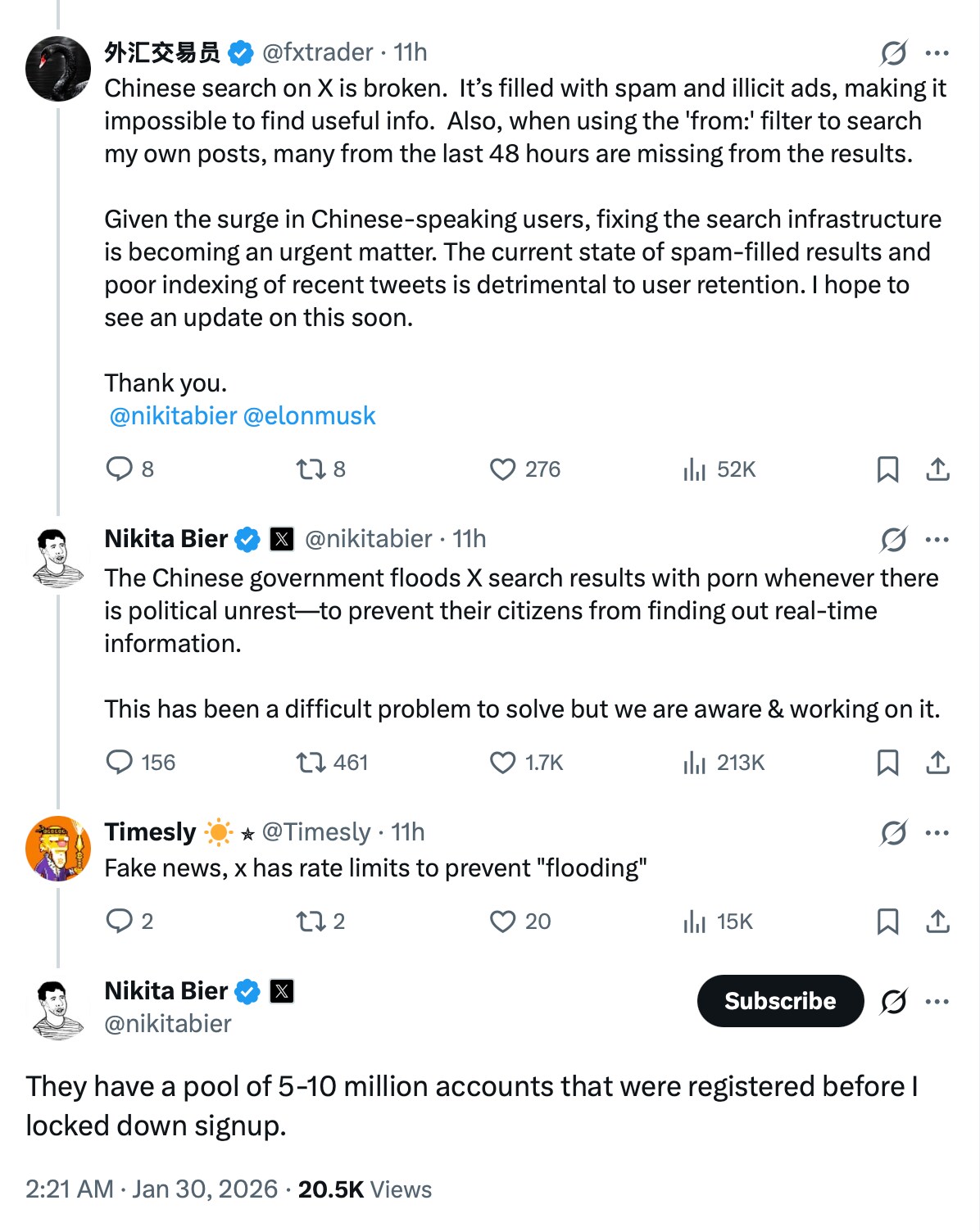 Some X users report that Chinese-language searches on the platform are overwhelmed by spam and illic...
