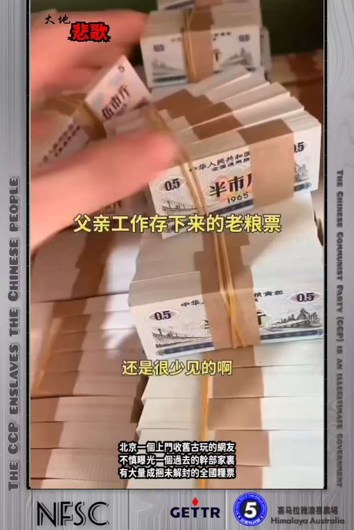 【大地悲歌】2️⃣3️⃣0️⃣5️⃣

北京一個上門收舊古玩的網友，不慎曝光一個過去的幹部家裏，有大量成捆未解封的全國糧票。
有年紀較長的網友回憶說:
那時糧票的價格和大米等價。
這戶幹部家裏有這麼多...