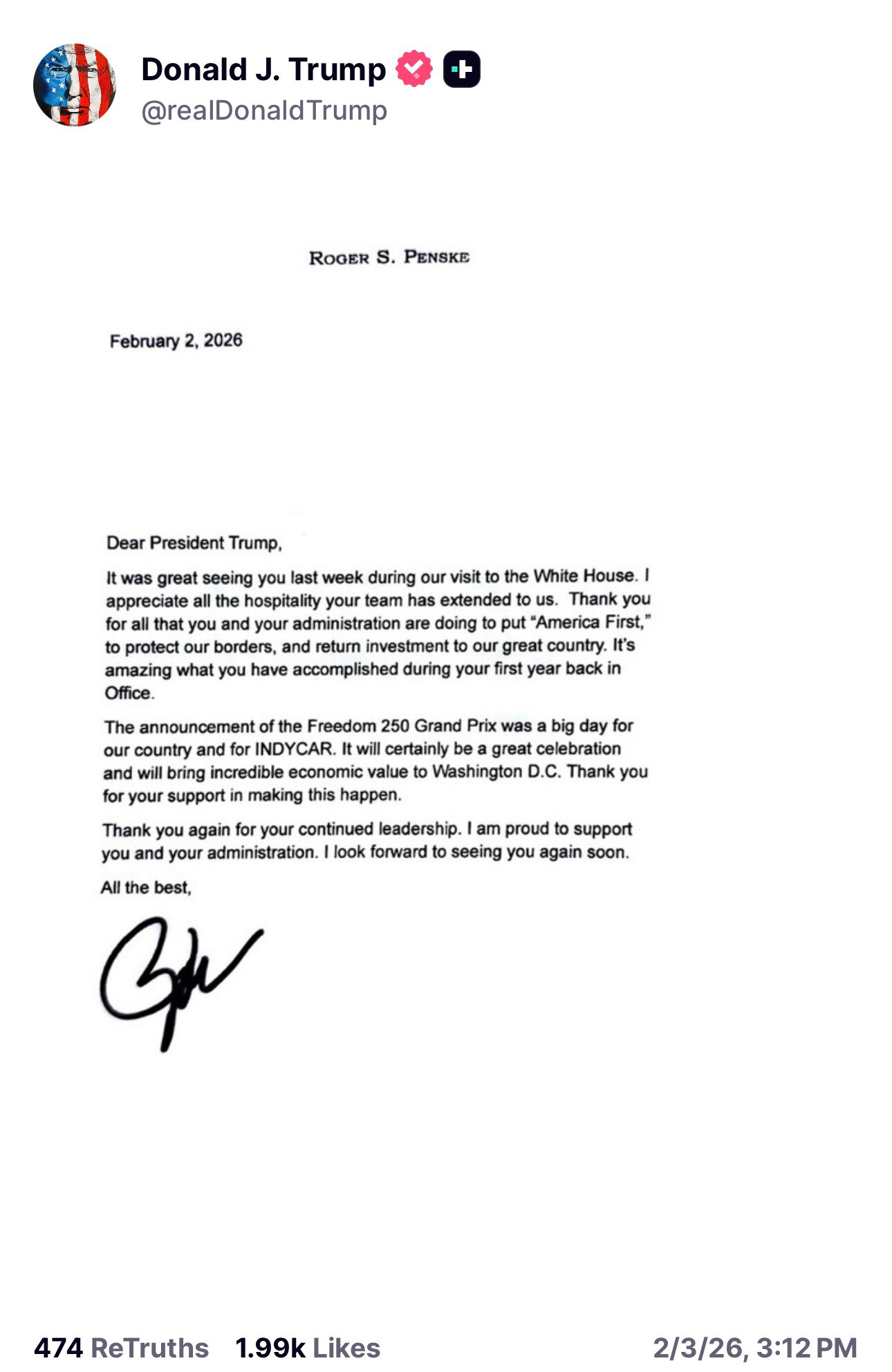 Posted by President Trump on Truth Social, Fed.3，2026 at 3:12 PM EST

https://truthsocial.com/@realD...