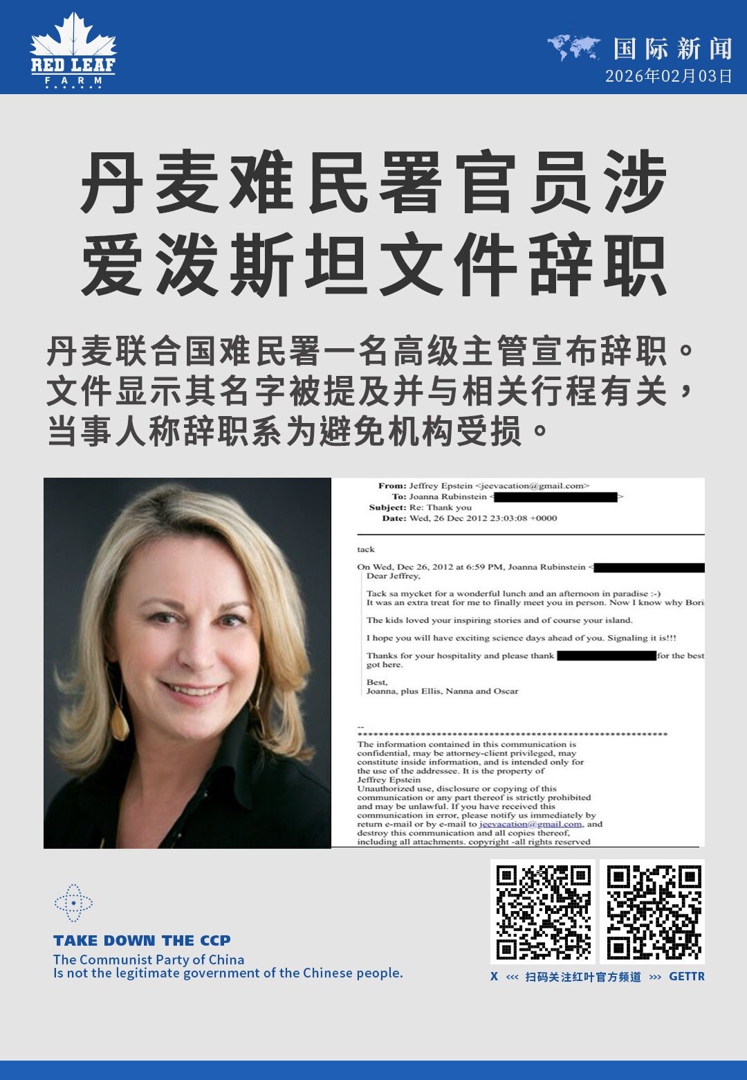 丹麦难民署官员涉爱泼斯坦文件辞职

丹麦联合国难民署一名高级主管宣布辞职。文件显示其名字被提及并与相关行程有关，当事人称辞职系为避免机构受损。
#爱泼斯坦文件 #联合国难民署 #丹麦官员 #辞职风波 ...