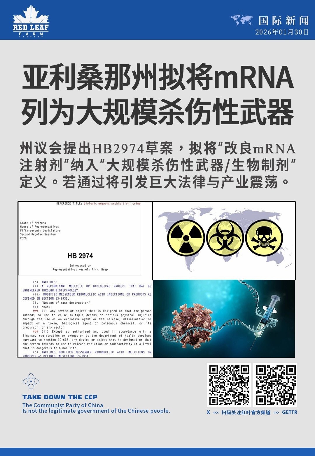 亚利桑那州拟将mRNA列为大规模杀伤性武器

州议会提出HB2974草案，拟将“改良mRNA注射剂”纳入“大规模杀伤性武器/生物制剂”定义。若通过将引发巨大法律与产业震荡。

#亚利桑那州 #HB29...