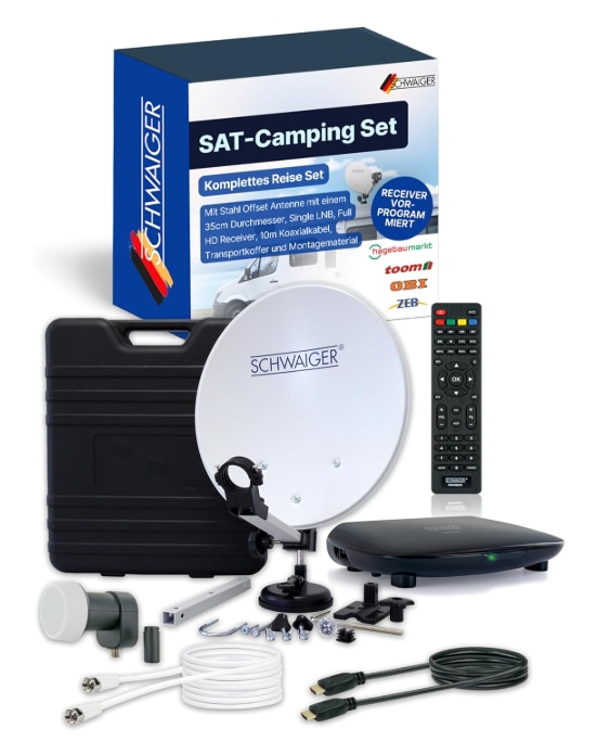 SCHWAIGER SAT-Camping Set I Satellitenanlage Komplettset I 35cm Stahl Offset Antenne, Single LNB, Fu...