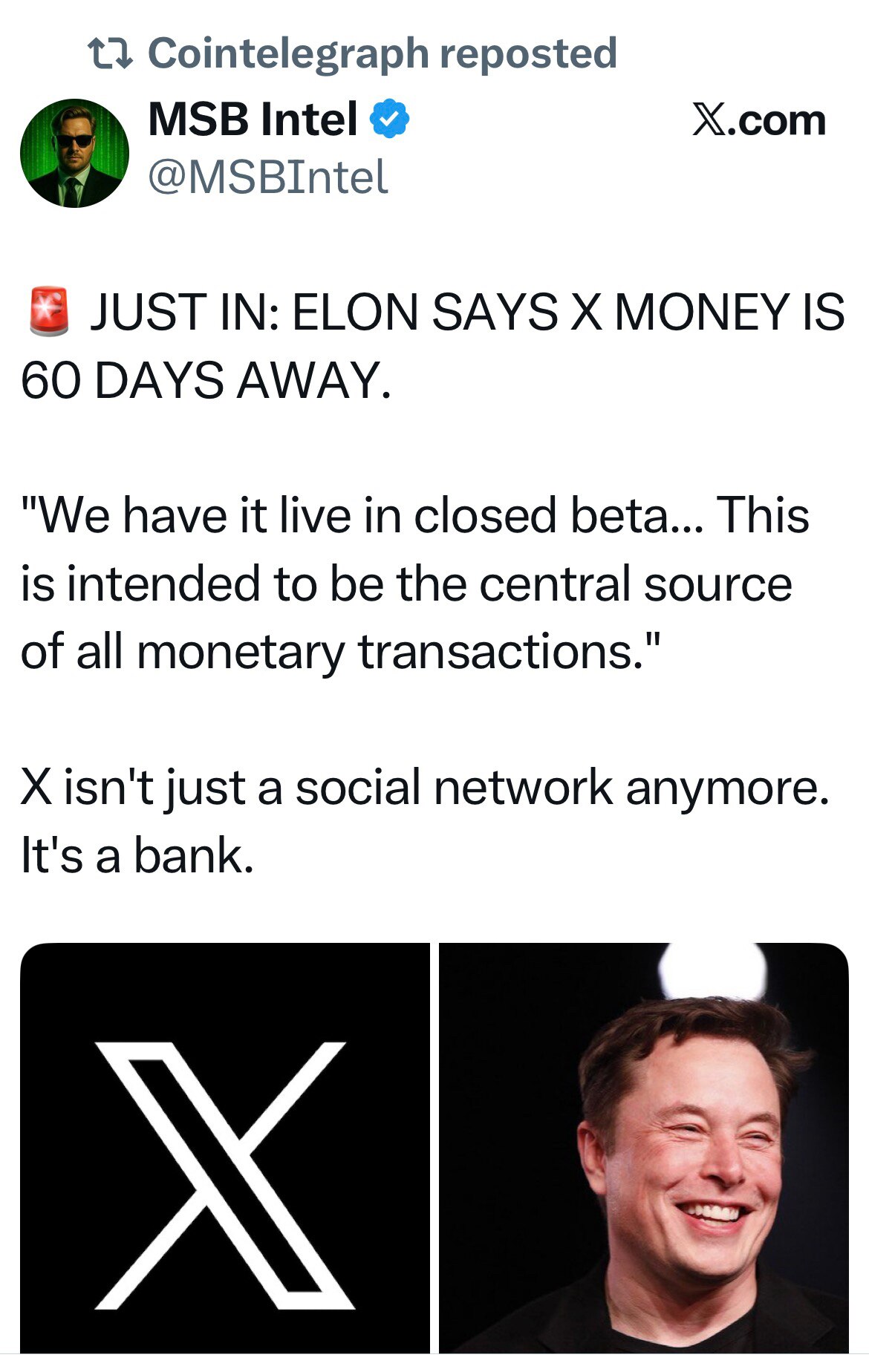 2月11日26，💥 马斯克：X Money 距离上线还有 60 天❗️

“我们已经在封闭测试中上线……这将成为所有货币交易的核心平台。”

X 已经不再只是一个社交网络，它是一家银行。

也许也包...