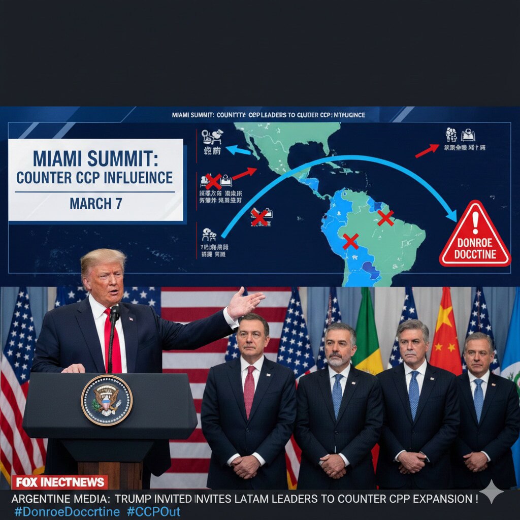 🚨 川普总统迈阿密峰会定档3月7日！ 🚨
川普总统正式向拉美六国（阿根廷、巴拉圭、玻利维亚、萨尔瓦多、厄瓜多尔、洪都拉斯）发出集结令！
⚔️ 核心目标：全面围堵中共（CCP） ⚔️
🔹 切断：阻...