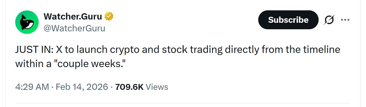 2月14日26情人节，💥X 将在“几周内”直接在时间线中推出加密货币和股票交易功能❗

目前X走在社交媒体平台的最前沿
