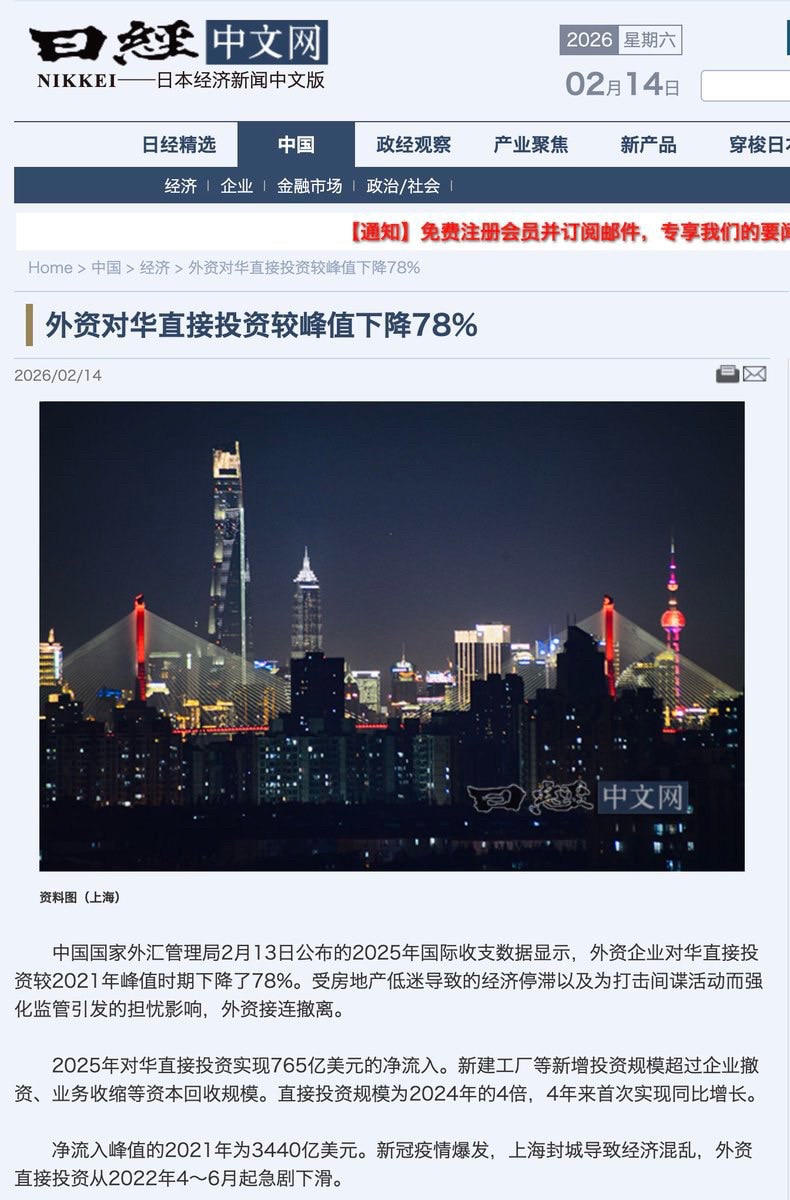 2025年外资对中共直接投资比历史峰值2021年下降78%！短短4年断崖式下跌！中共江河日下命不久焉。

#中共1月经济数据 #中共外商直接投资断崖式下跌 #三票先生