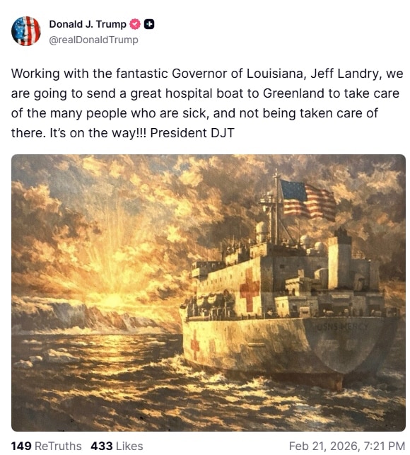【美国之声—川普总统2 月 21 日发文：一艘医疗船正前往格陵兰岛】

我们正与杰出的路易斯安那州州长兰德里（Jeff Landry）通力合作，向格陵兰岛派遣一艘大型医疗船，以救治当地众多患病且缺乏照...
