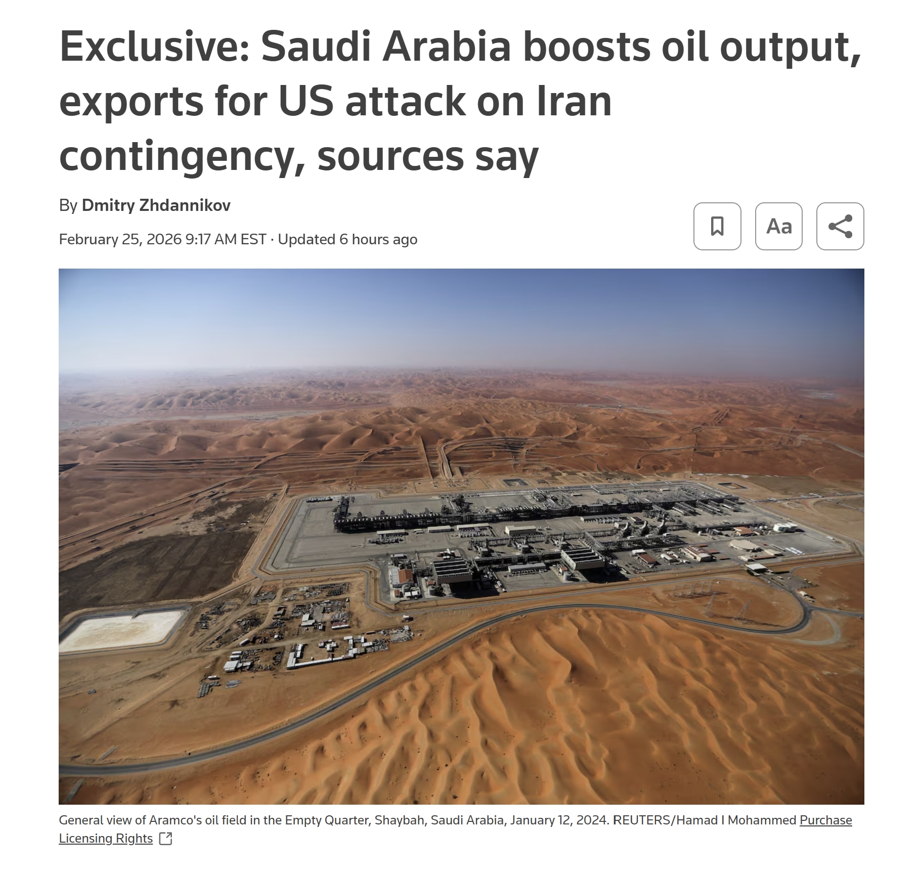 【美国之声--沙特正增加石油产量和出口】2026年2月25日《路透》：

沙特正增加石油产量和出口，作为应对美国可能攻击伊朗而导致中东供应中断的应急计划。

去年（2025年）6月，正值美国攻击伊朗核...