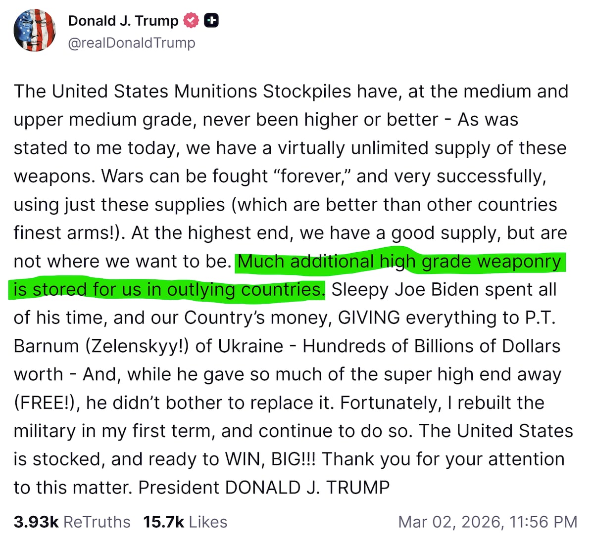【美国之声--美国军火储备充足，准备好大获全胜！！！ 大量高端装备存放海外】2026年3月3日川普总统： 

美国的军火储备，在中高端和中上端层级，从未像现在这样充足或优良。正如今天有人向我汇报的，我...
