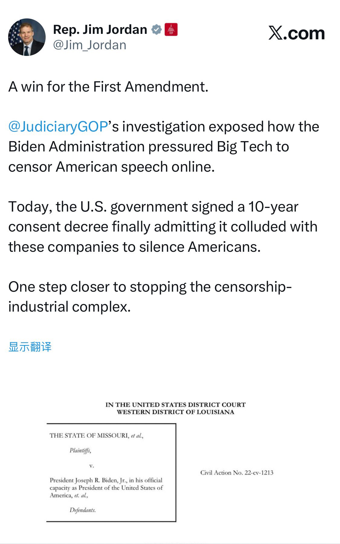 🔥最新消息🔥
💥这是对宪法第一修正案的胜利。

JudiciaryGOP的调查揭露了拜登政府如何向大型科技公司施压，要求其审查美国民众在网络上的言论。

今天，美国政府签署了一项为期 10 年的...