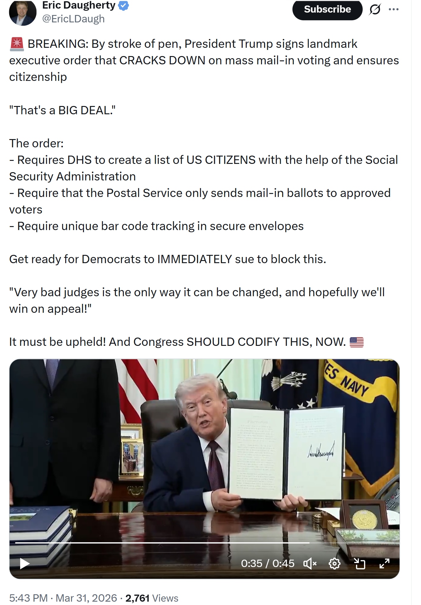 【美国之声】2026年3月31日川普总统签署行政令，打击大规模邮寄投票，并确保只有美国公民才能投票。该命令包括：

1. 国土安全部（DHS）在社会安全局（Social Security Admini...