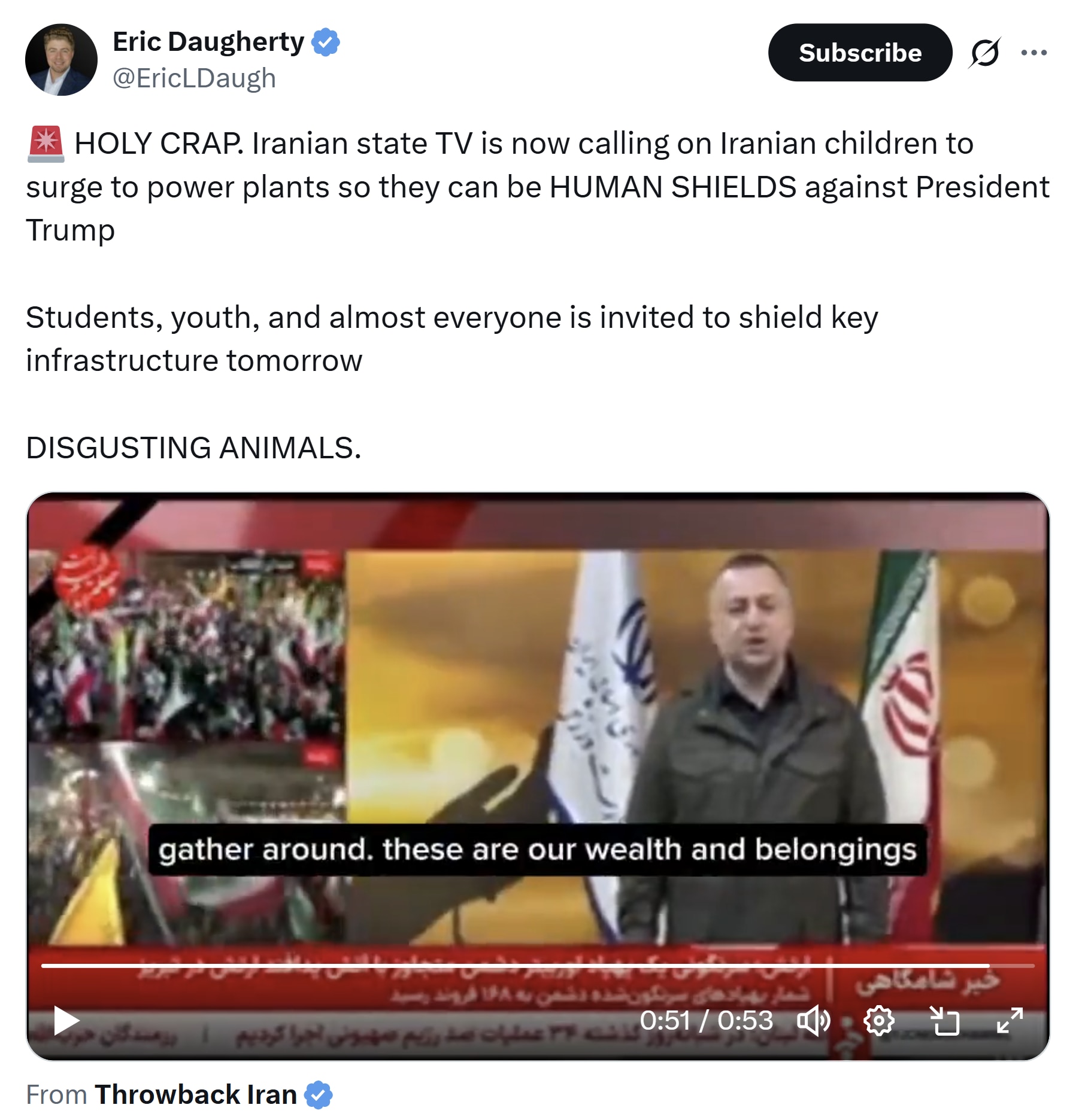 【美国之声--人肉盾牌】2026年4月6日，伊朗国家电视台播出伊朗最高青年委员会书记的讲话，他邀请“所有的年轻人、运动员、艺术家、学生、教师”于4月7日前往附近的发电厂，充当“人肉盾牌”，抵御川普总统...