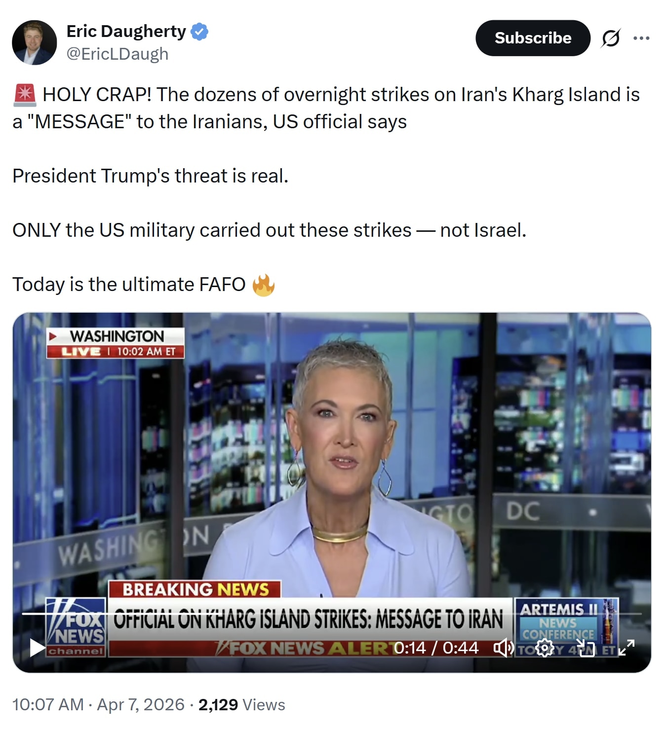 【美国之声】2026年4月7日凌晨，美军对伊朗哈尔克岛的军事目标发动了数十次打击，此次行动正值川普总统设定的最后期限前（美东时间4月7日晚8点）。  

此次行动向伊朗传递的信息是：川普总统的威胁严肃...