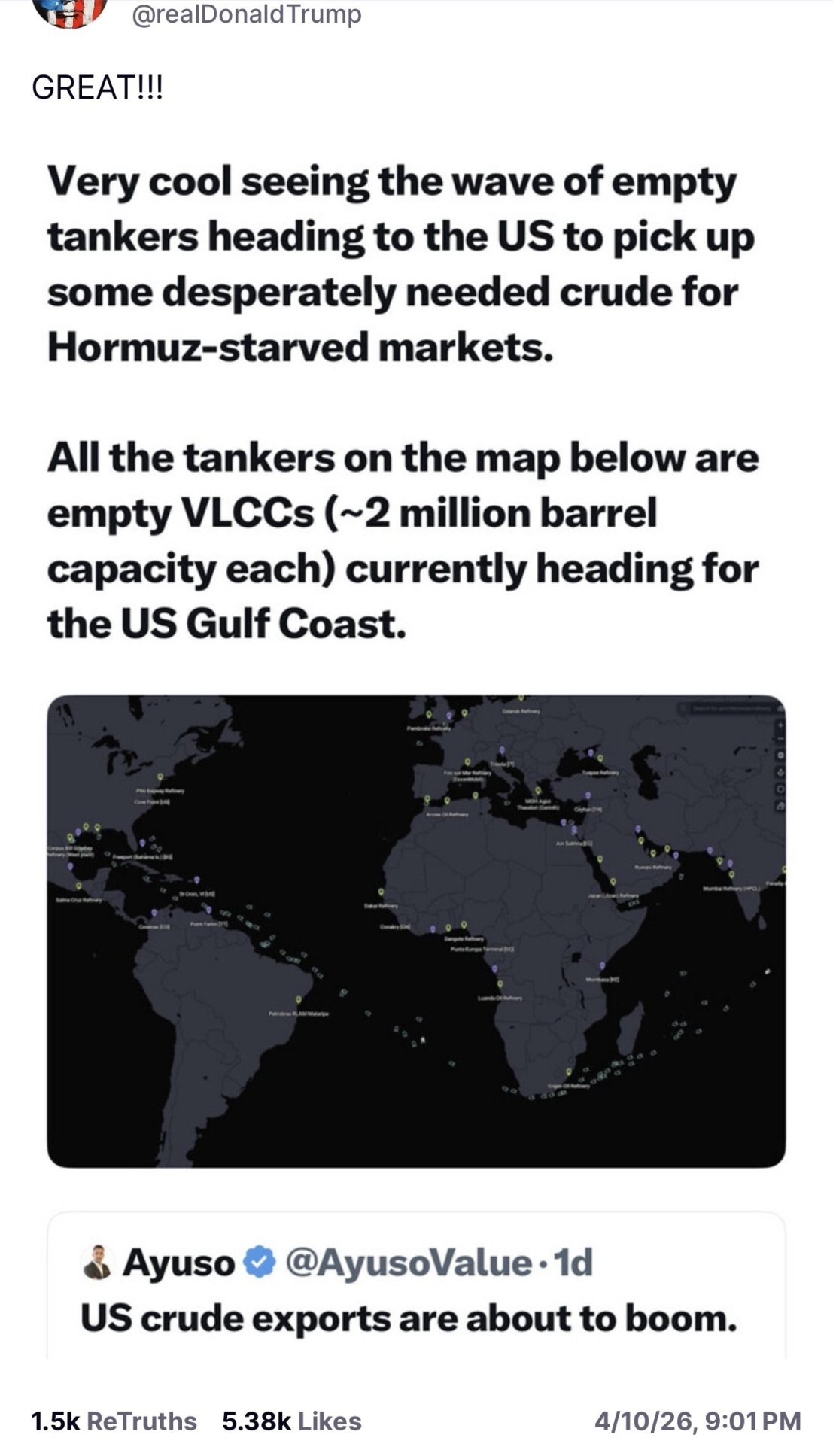 【美国之声--太棒了！美国原油出口要腾飞】美东2026年4月11日川普总统转发 X 上的 @Rory_Johnston： 

看到一波空油轮正驶向美国，准备装载那些因霍尔木兹海峡卡住，而极度急需的原油...